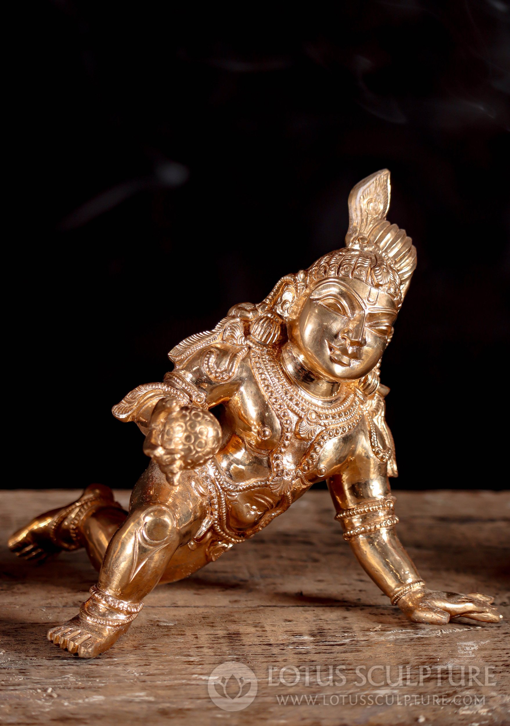 Polished Gold Panchaloha Bronze Baby Krishna Statue with Butter Ball 7"