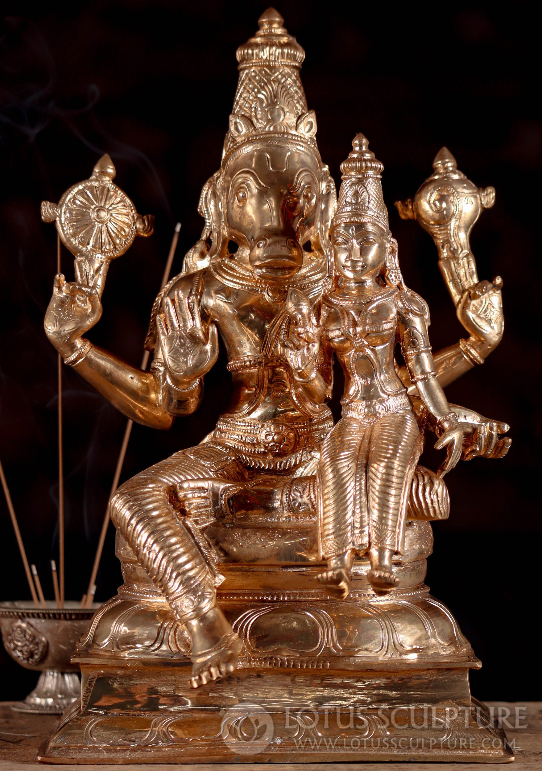 Bronze Hayagriva Statue the Avatar of Knowledge & Wisdom with Lakshmi Seated on Lap 12.5"