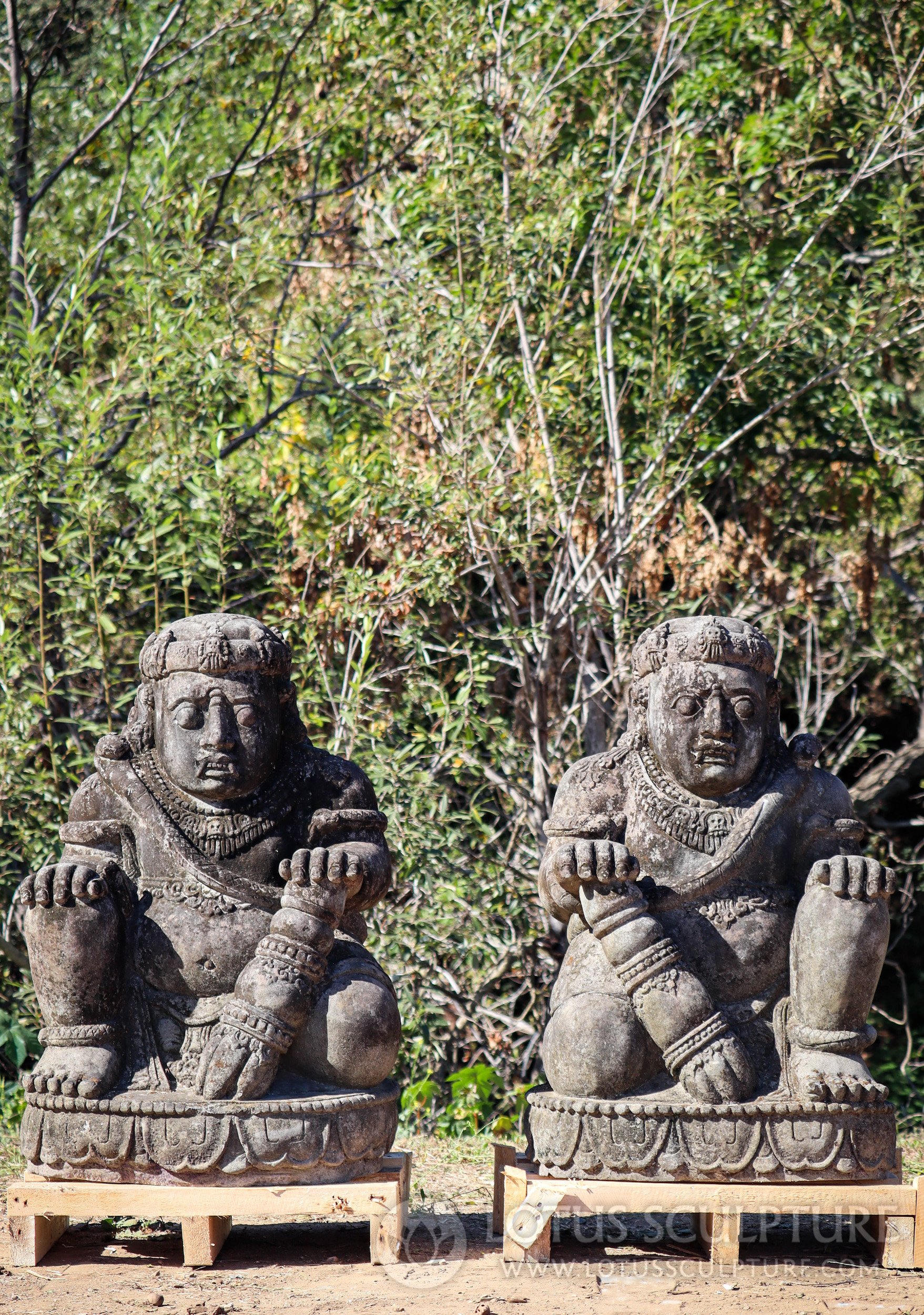 Pair of Lava Stone Dvarapala Sculptures - Fearsome Gate Guardians with Clubs 40"