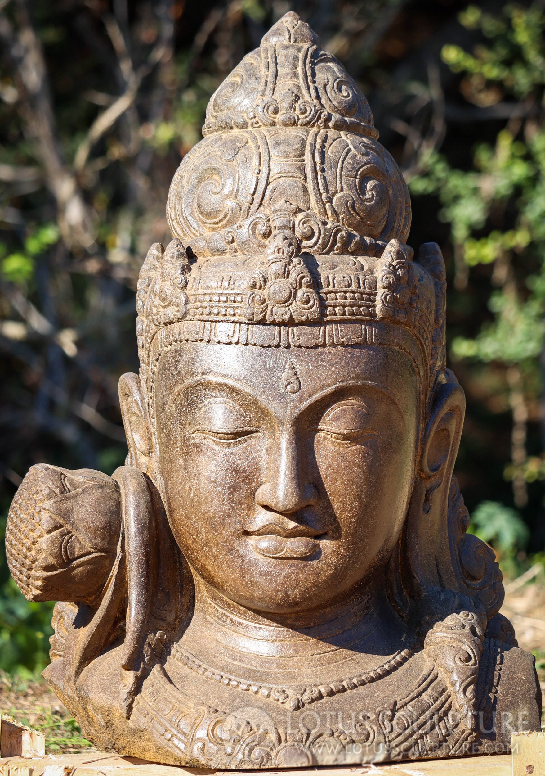 Devi Tara Bust Sculpture Hand Carved Lava Stone with Blooming Lotus and Jewelry 33"