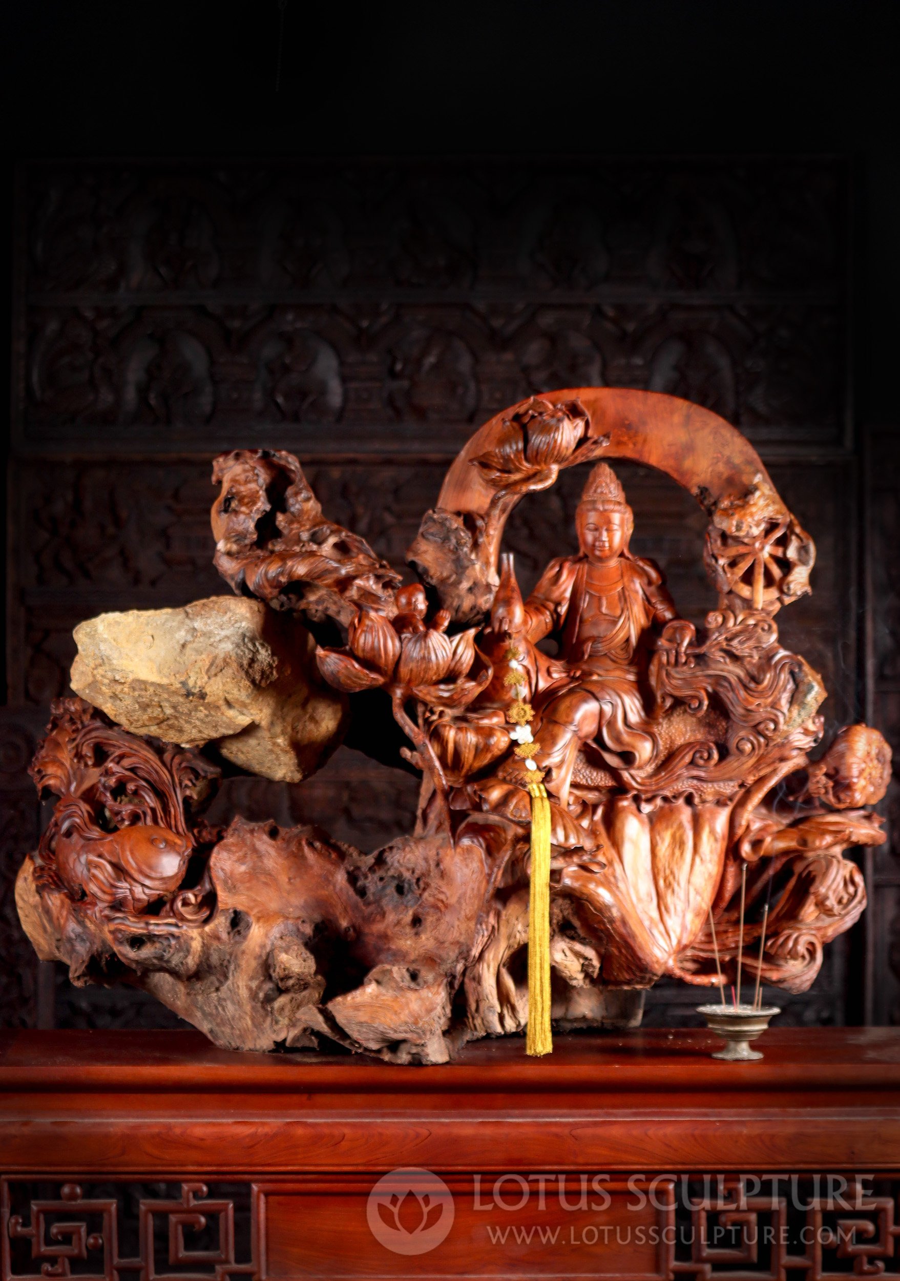 Hand Carved Avalokiteshvara Statue Laying on Lotus, Waves, Namaste Child & Natural Stone 33"