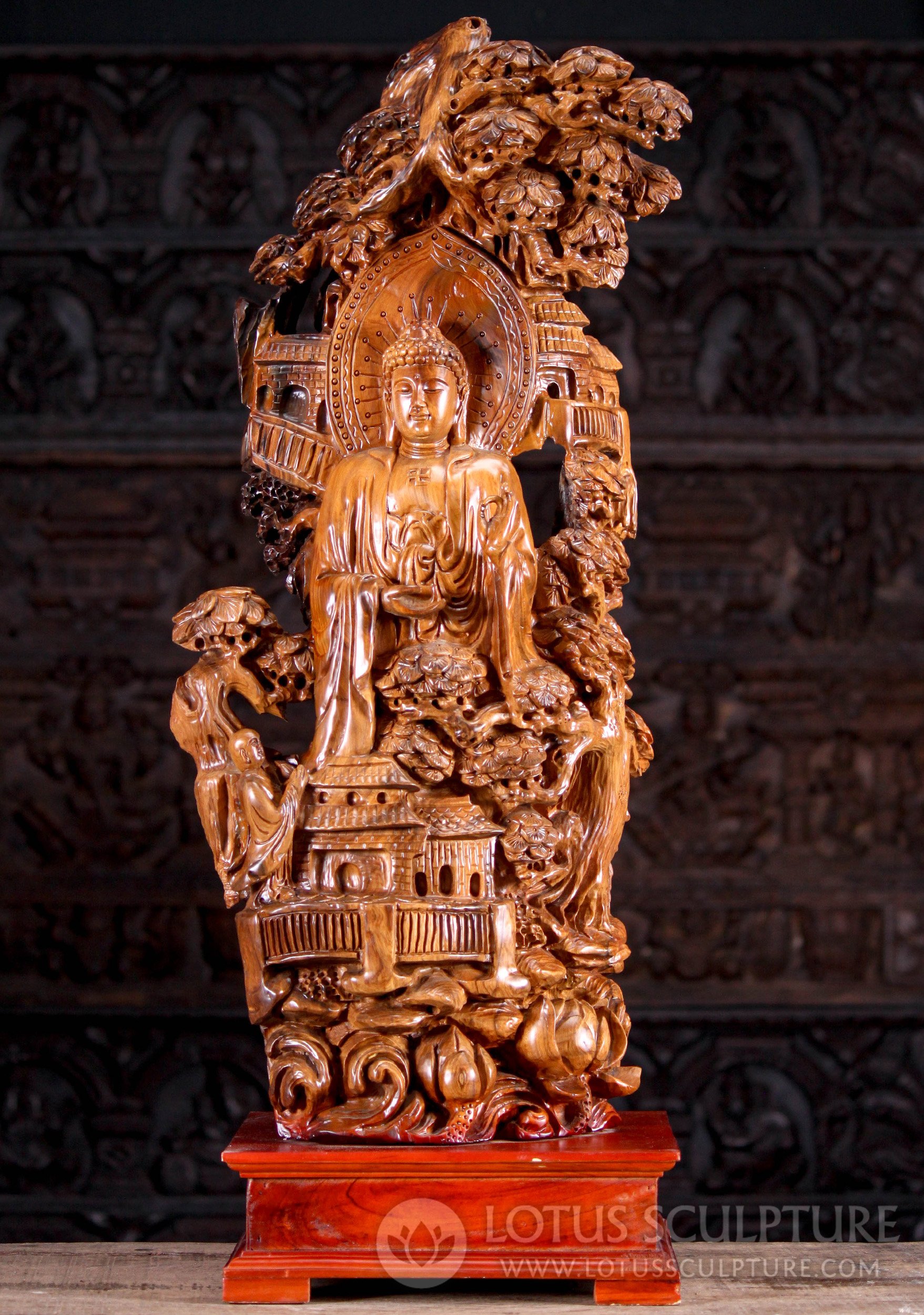 Hand-Carved Vietnamese Hardwood Buddha, Amidst Bodi Tree & Village 33"