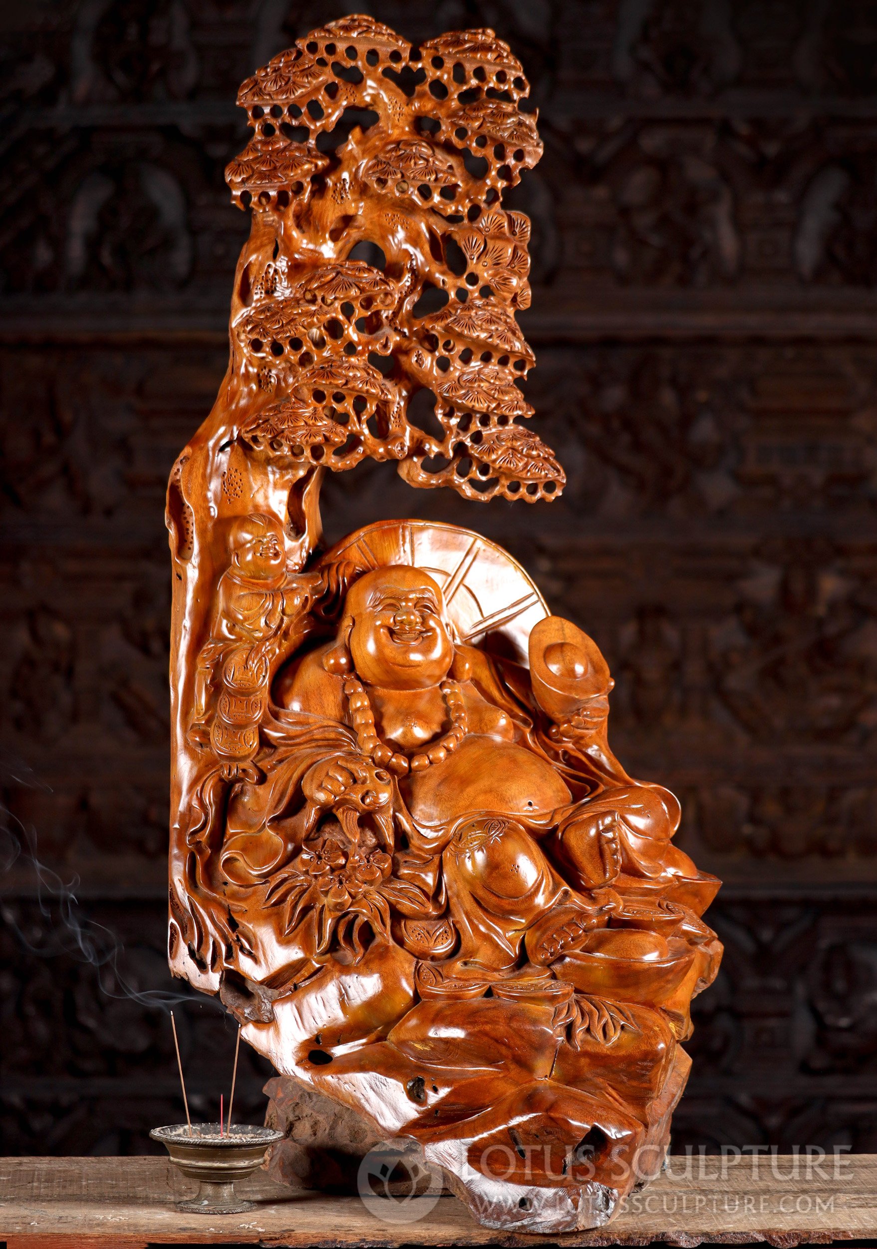 Joyous Buddha of Wealth: Vietnamese Hardwood, Gold, Peach & Child 37"