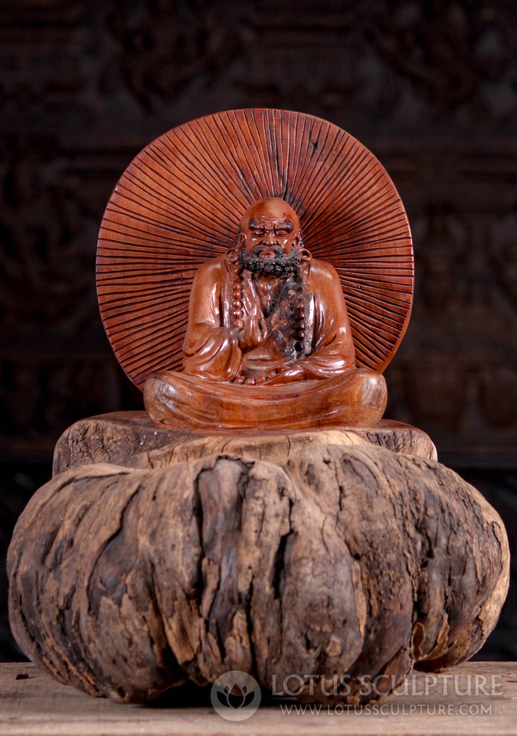 Bodhidharma Wood Sculpture Meditating, Seated on Root Ball in Vitarka Mudra 18"