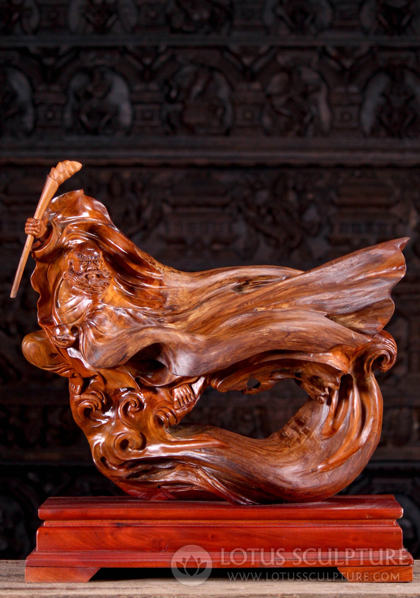 Bodhidharma  Hand-Carved Wood Sculpture in Flight, Holding Bowl & Staff 23"