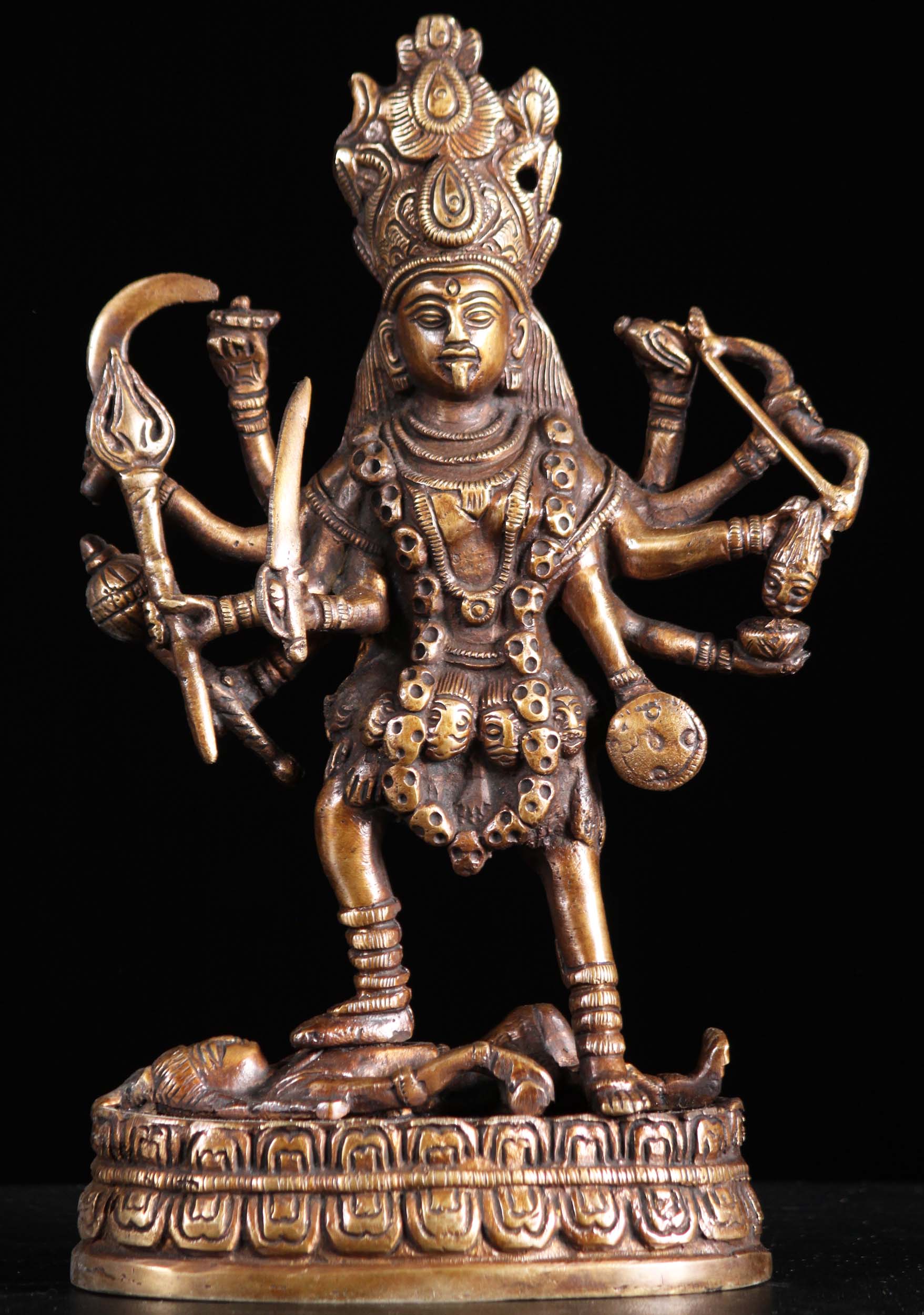 Brass Kali Statue Standing Atop Her Husband Lord Shiva With Arms Holding Weapons