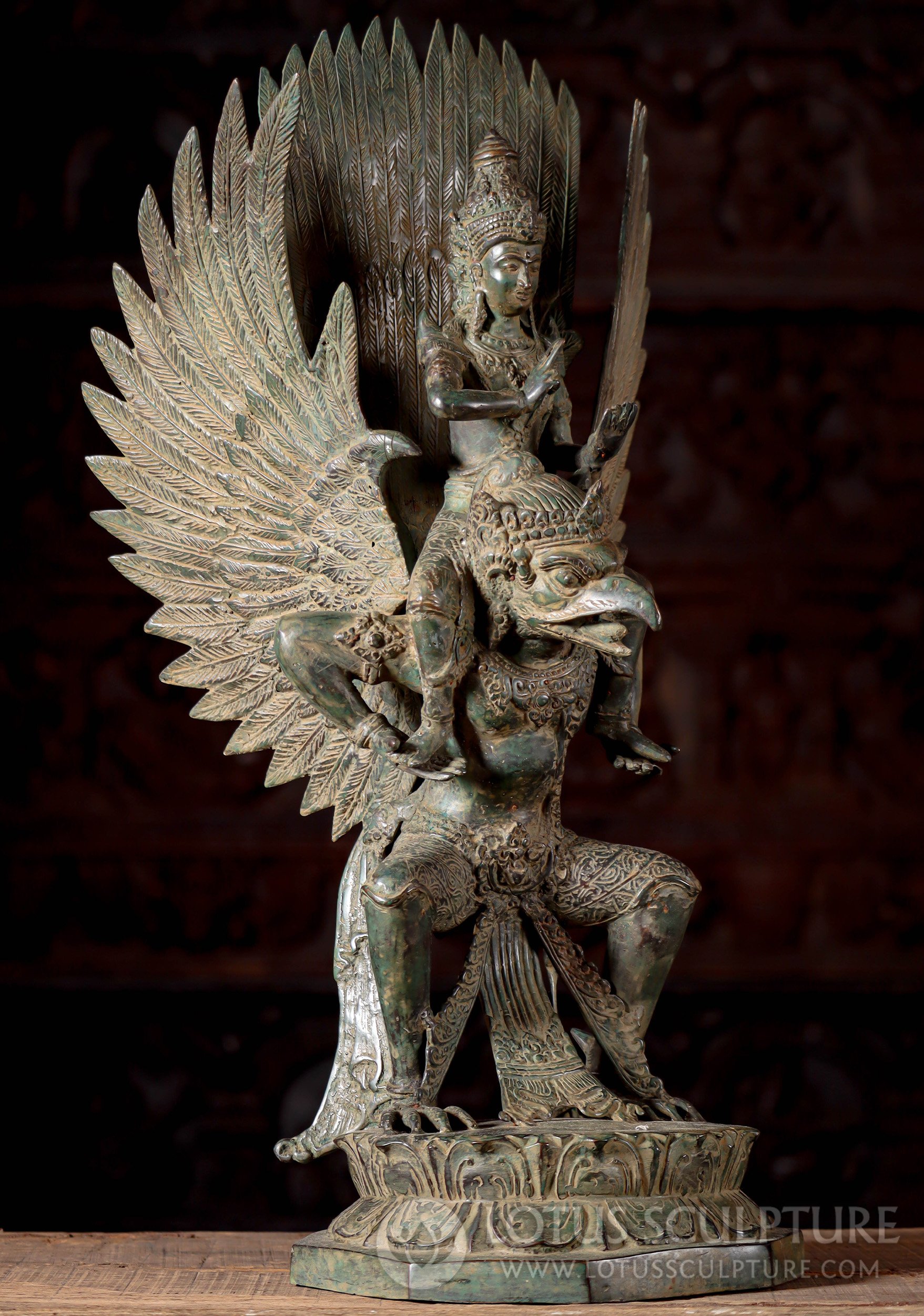 Brass Vishnu Riding The Shoulders of Eagle Garuda with Outstretched Wings 25"