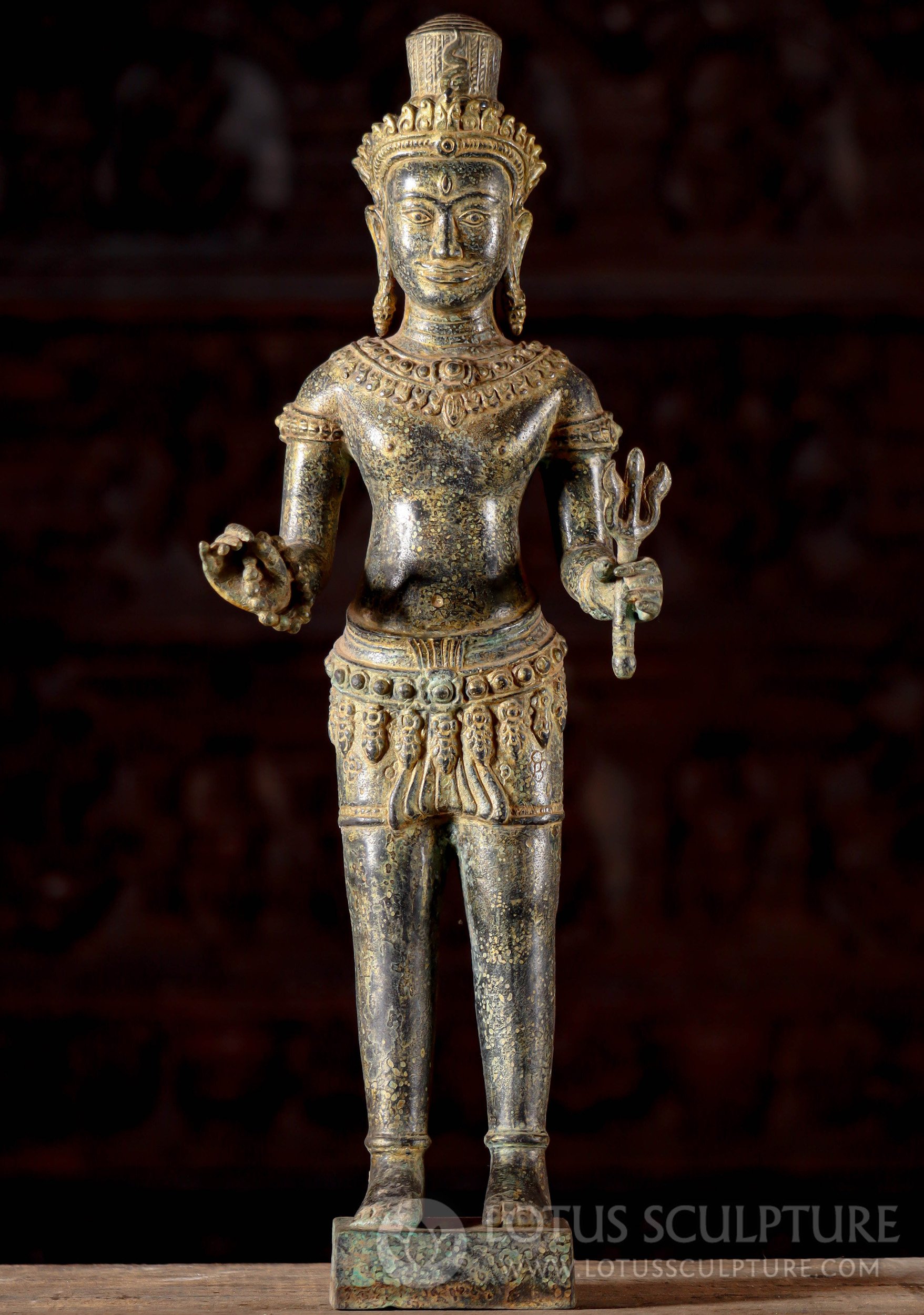 Cambodian Bronze Lord Shiva with Trident and Mala, Verde-Gris Patina & Cobra Headdress 21"