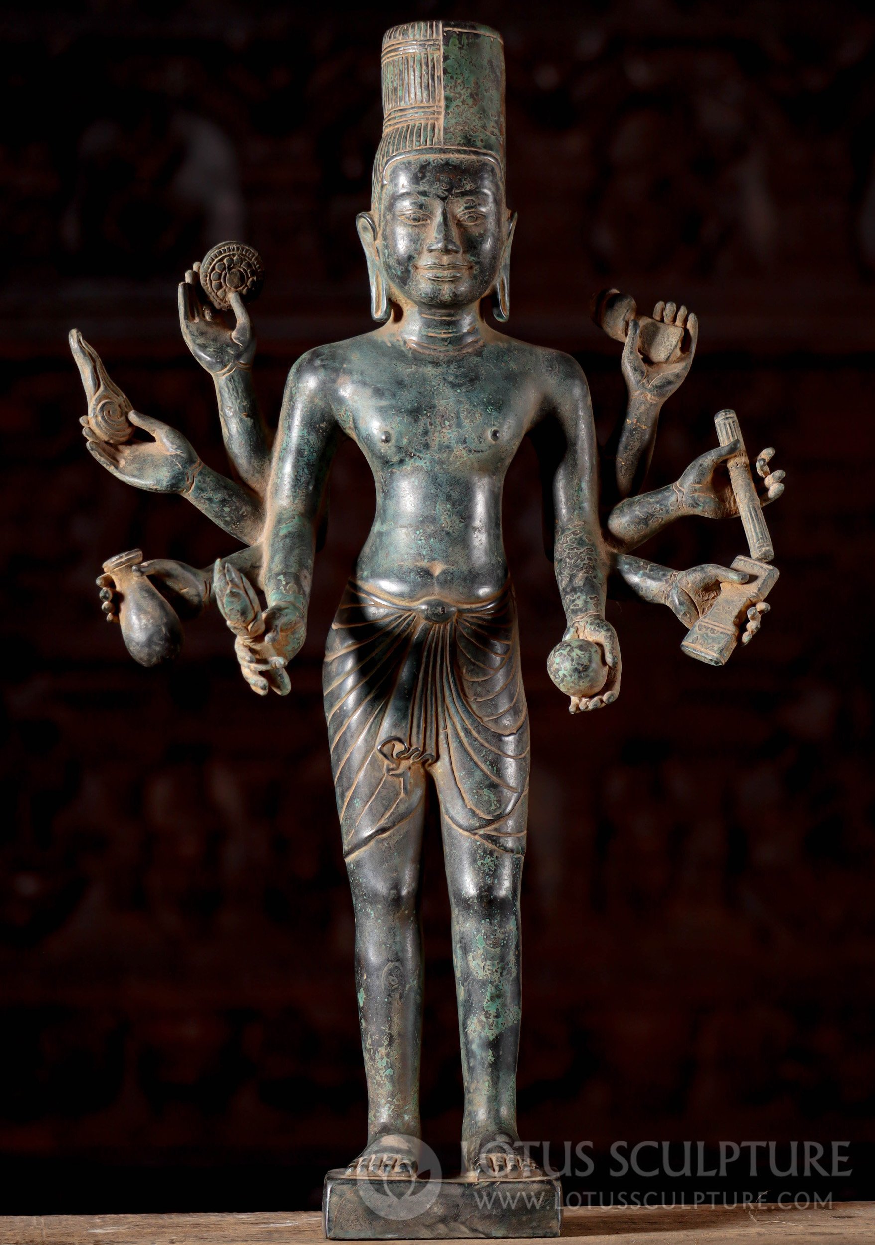 Cambodian Bronze Harihara Statue, Vishnu-Shiva Fusion in Antique Green Patina 22"