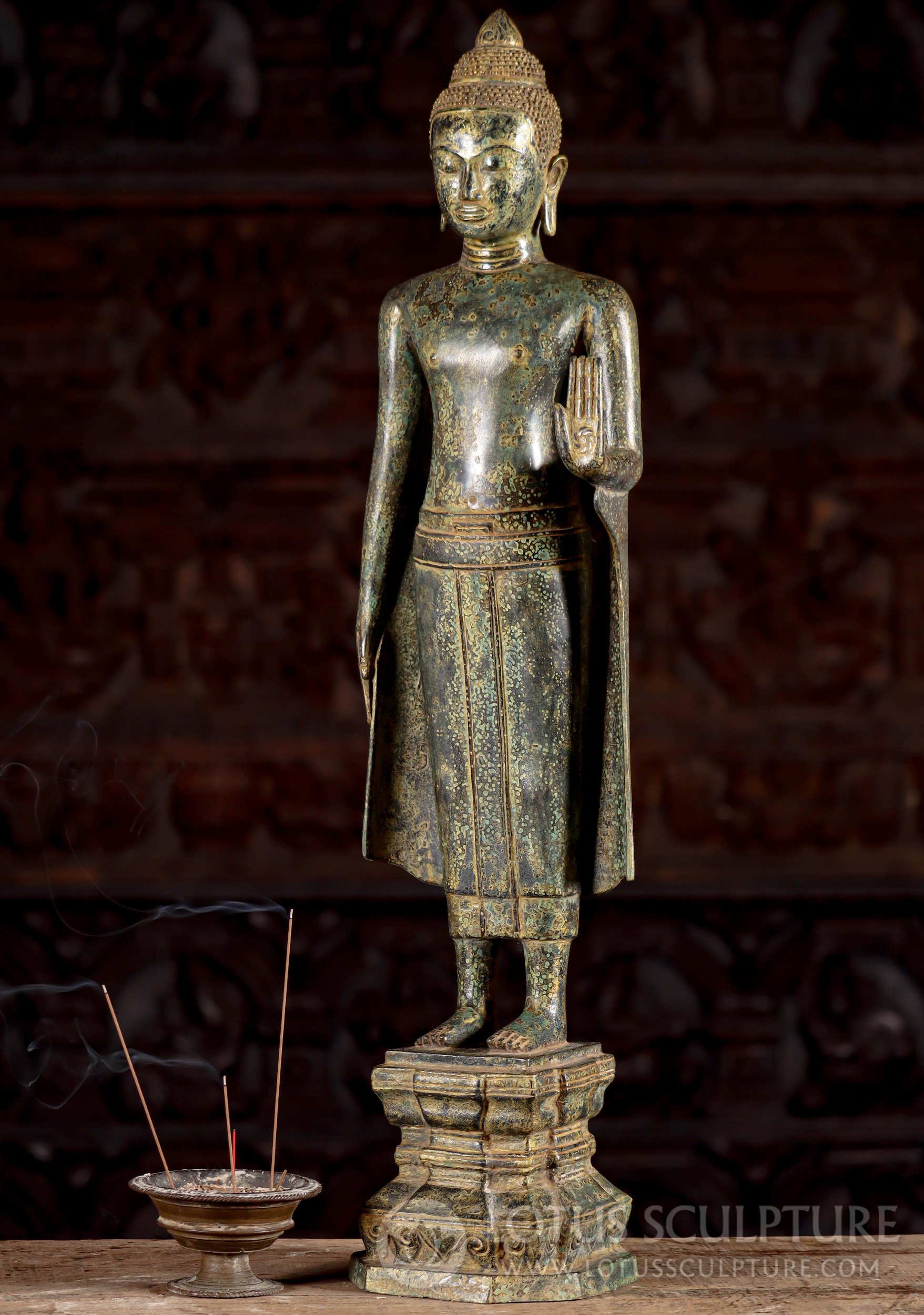 Cambodian Bronze Standing Buddha in Abhaya Mudra with Antique Green Patina 28"