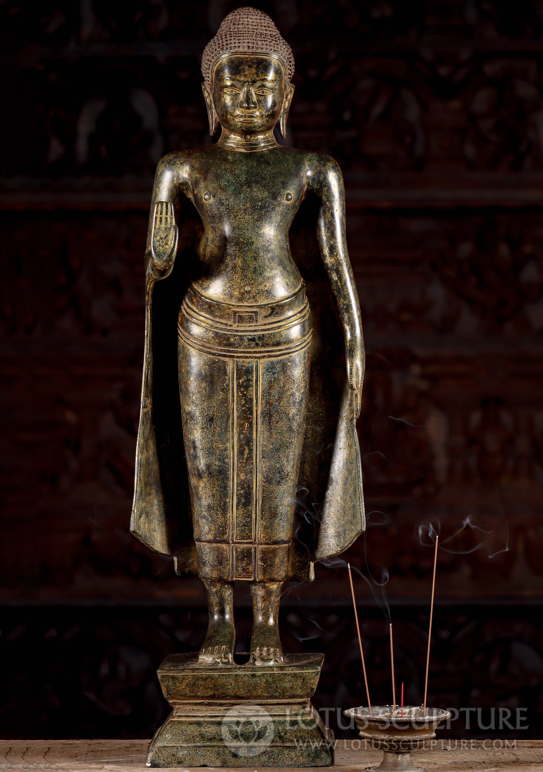 Cambodian Bronze Standing Buddha, Abhaya Mudra and Draped Robes 31"