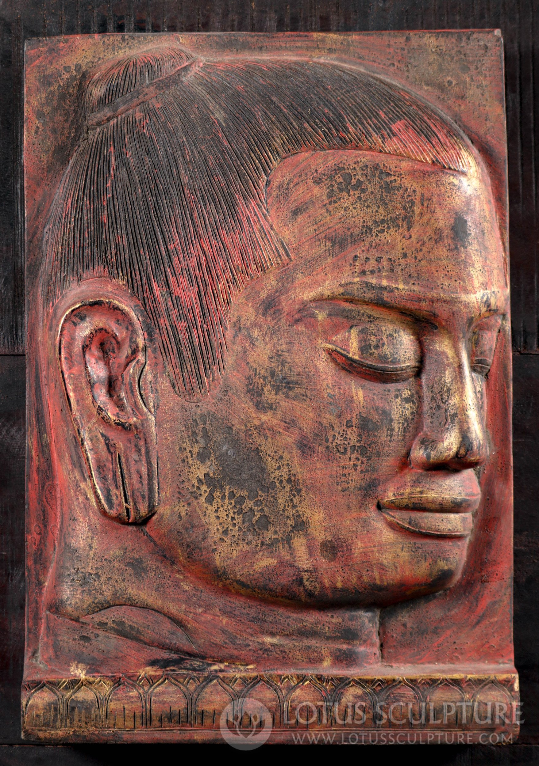 Antique Wood-Carved King Jayavarman Panel in Muted Reds & Gold Cambodian Tribute 20"