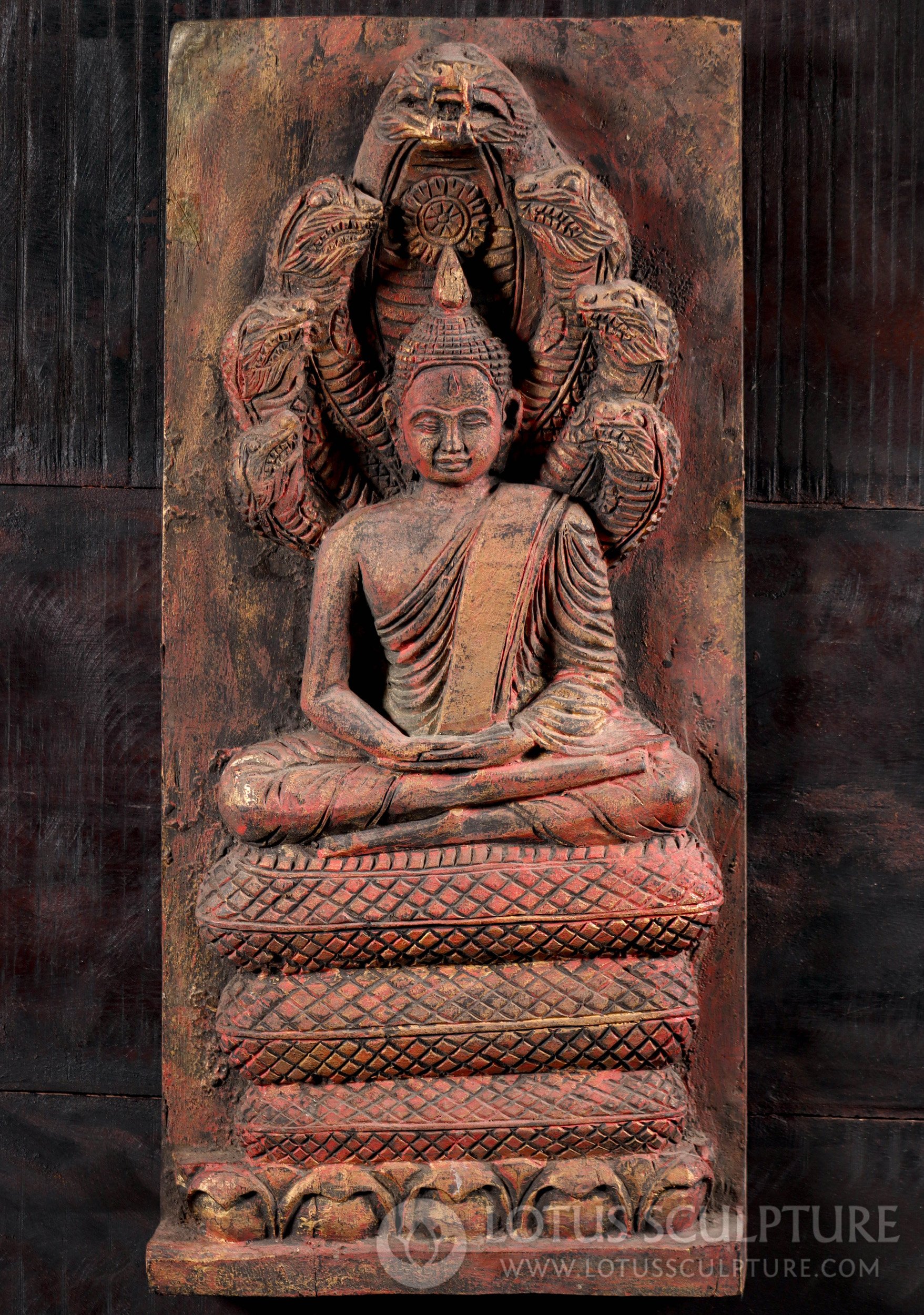 Carved Wooden Meditating Buddha Seated Under Seven-Headed Naga Wall Panel 23"