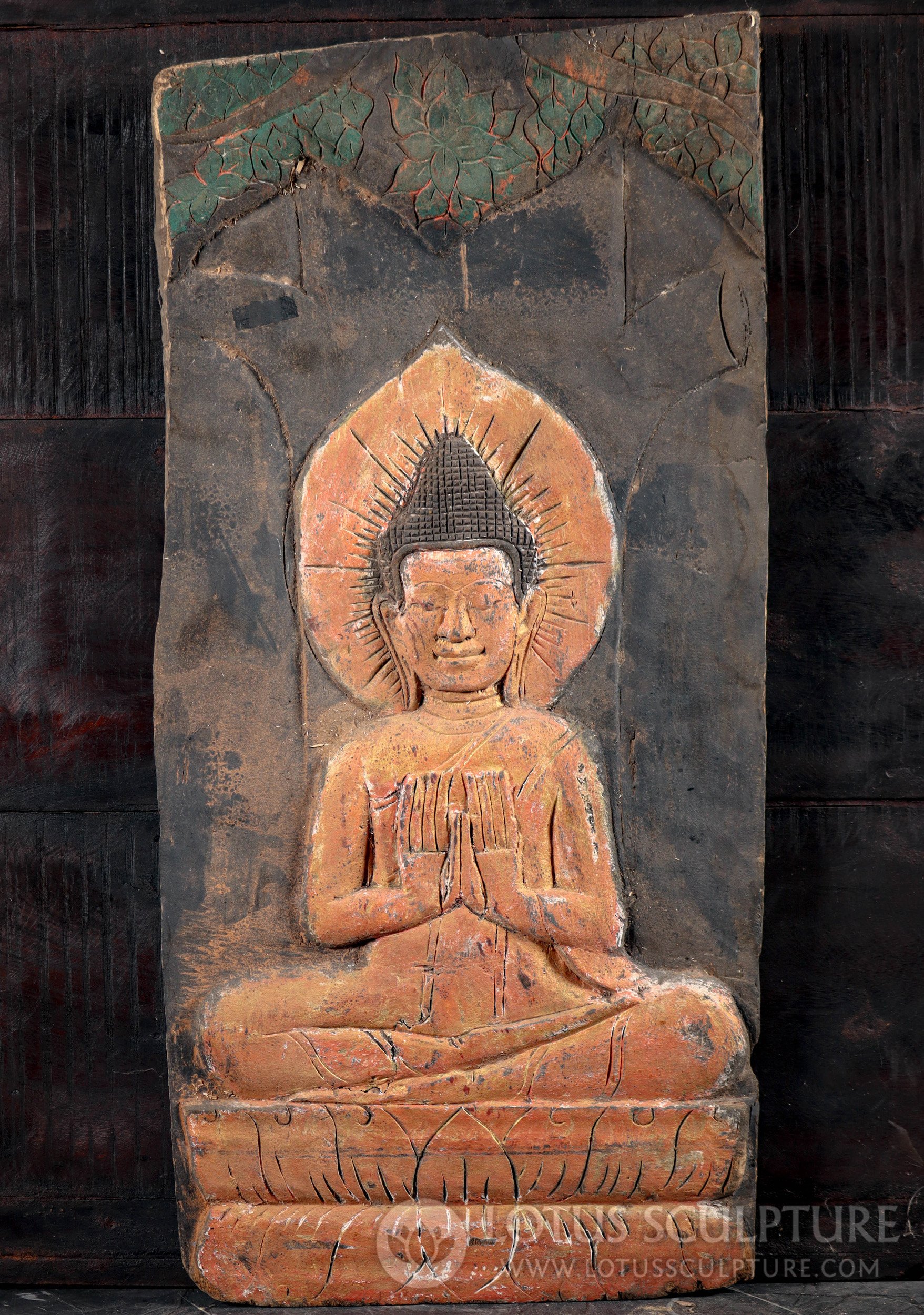 Antique Wood Carved Double Abhaya Mudra Buddha Wall Panel Sculpture 36"