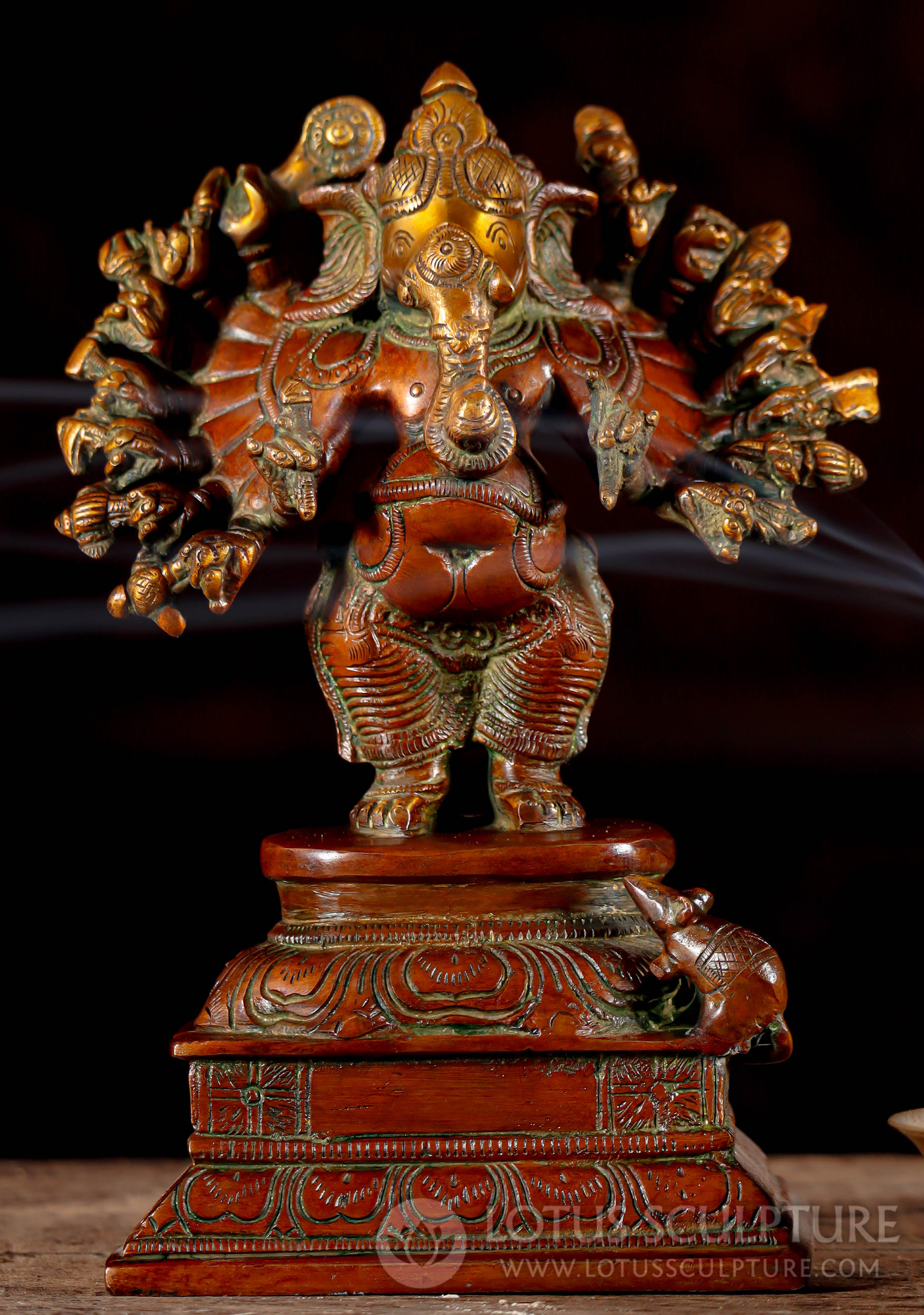 Brass Murti of Veera Ganesh with 16 Arms Holding Weapons Standing with Rat Mooshika 9"