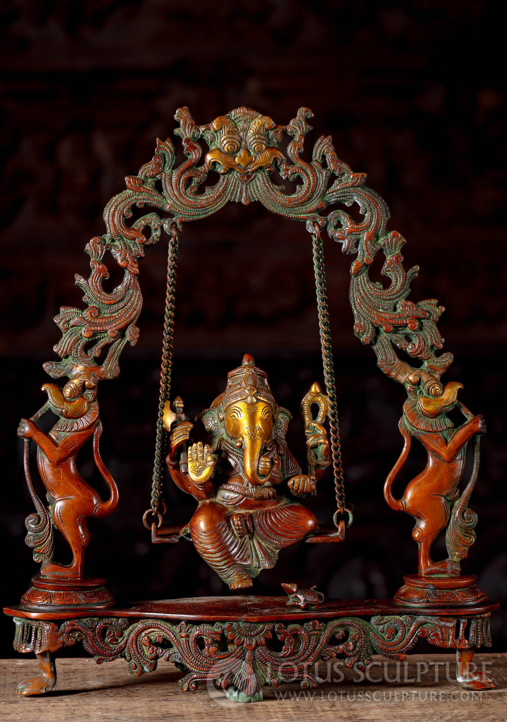 Gold & Copper Brass Ganesha in Abhaya Mudra on Swing with Flanking Yalis 18"