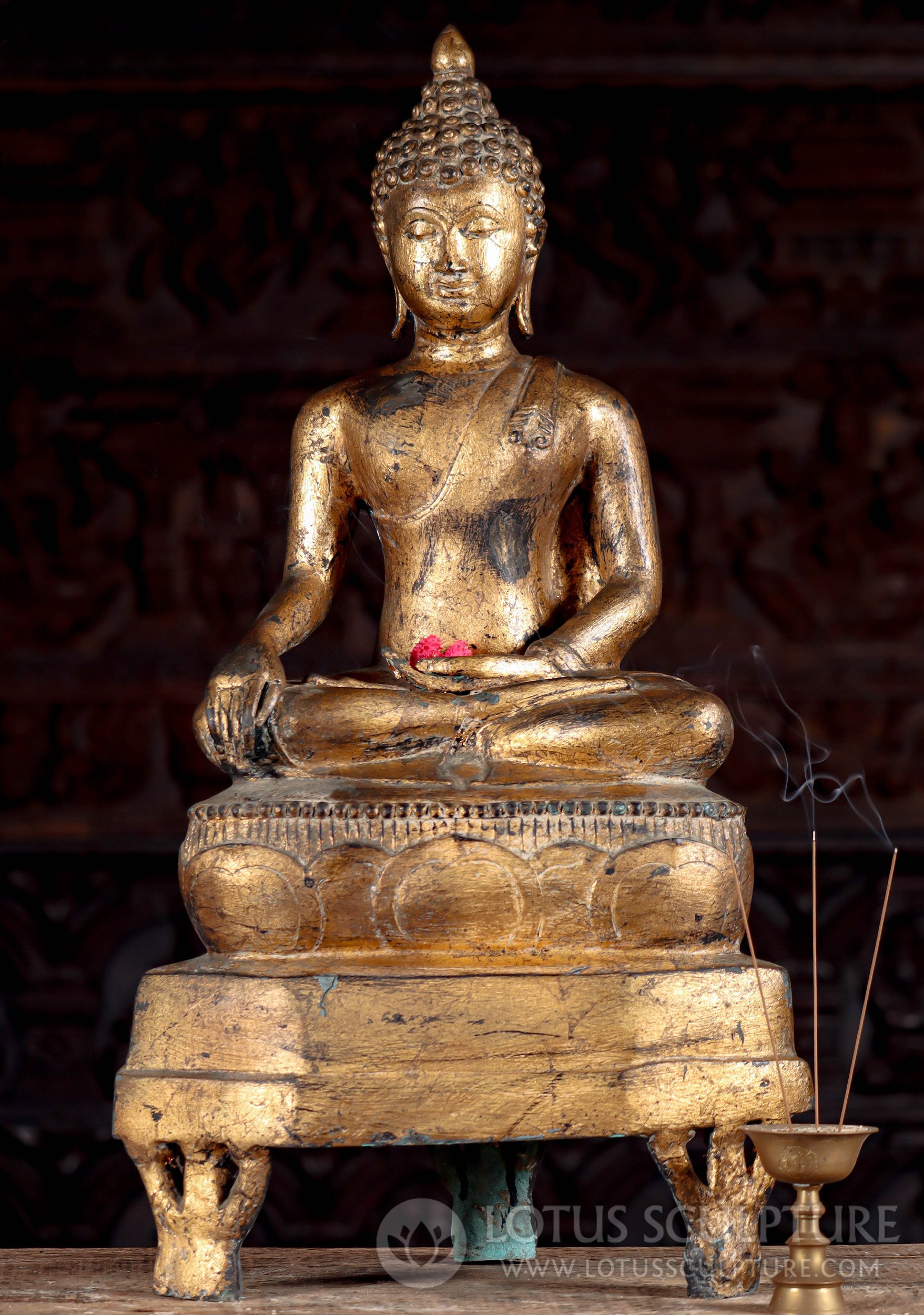 Gold Leaf Thai Brass Chiang Saen Style Meditating Buddha Statue 29"