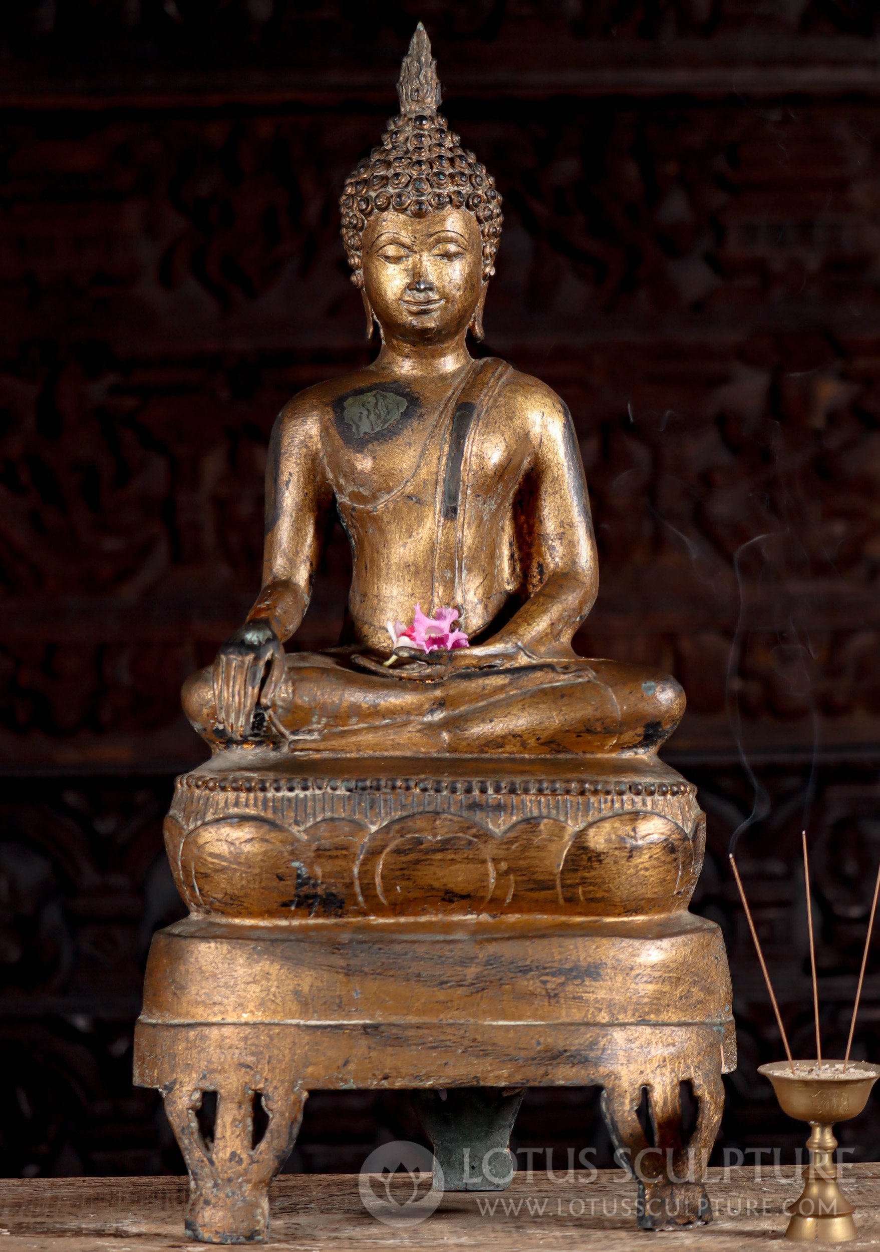 Gold Leaf Thai Brass Sukhothai Earth Touching Seated Buddha Statue on Raised Base 30"