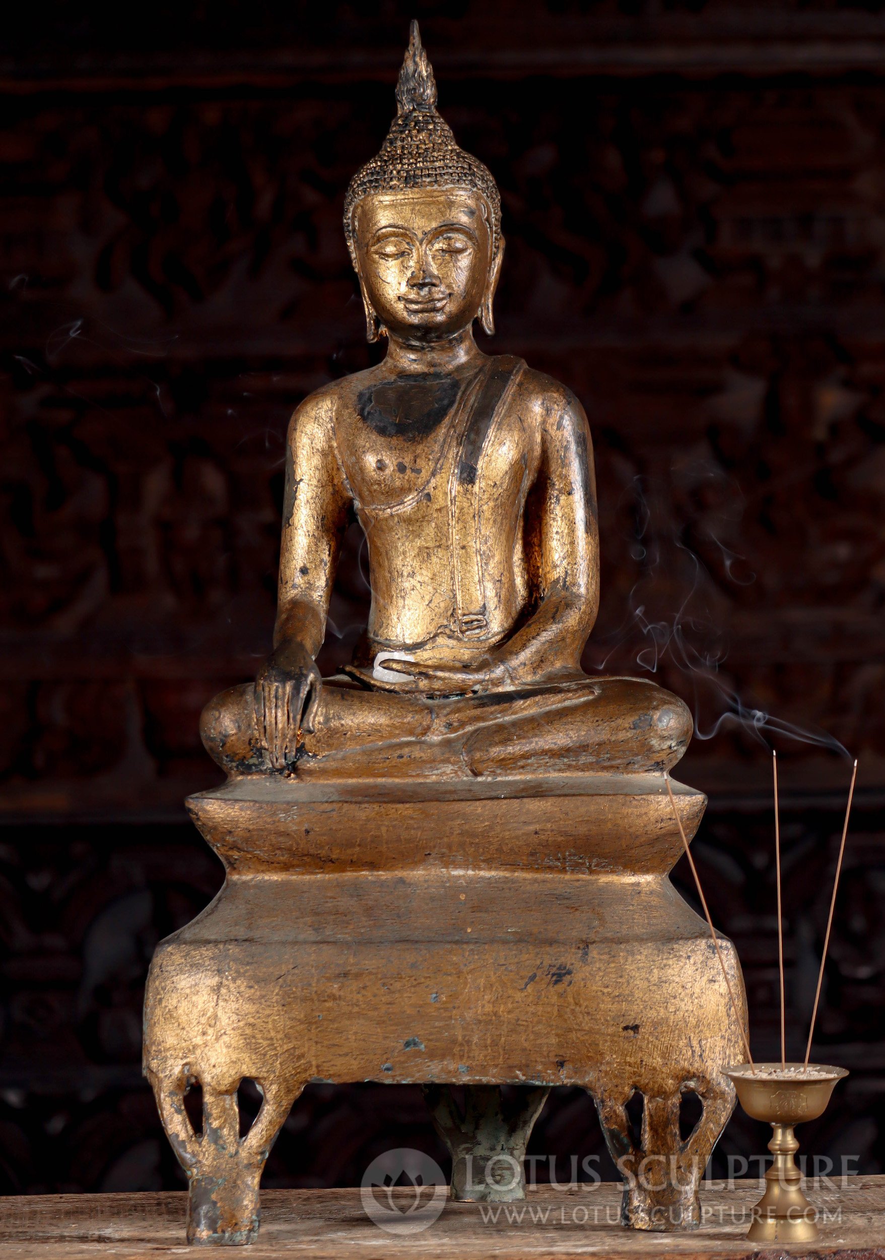 Gold Leaf Brass Thai Earth Touching Thai Uttong Style Buddha Statue on Raised Base 30"