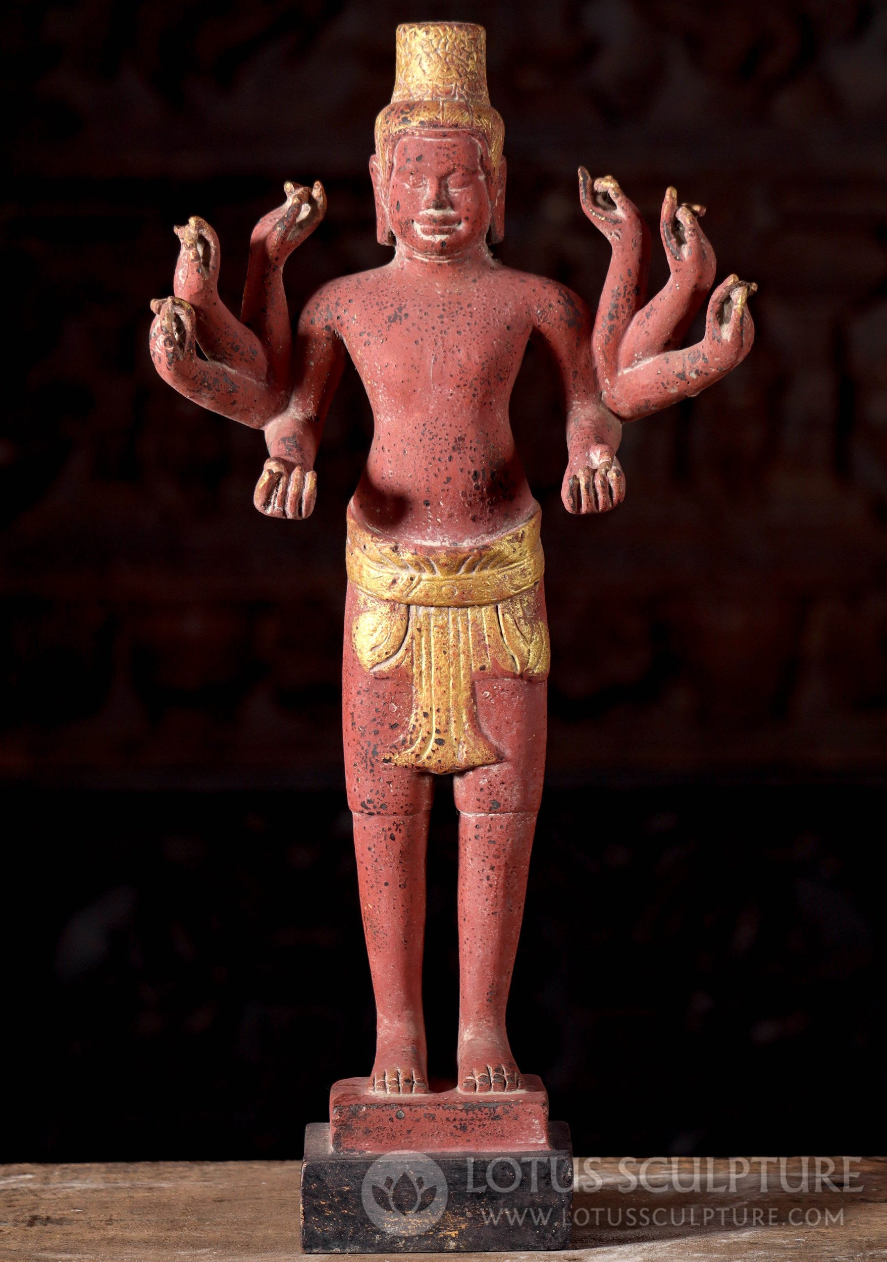 Cambodian Red & Gold Vishnu, Standing, Eight-Armed Deity, Wood Carving 21"