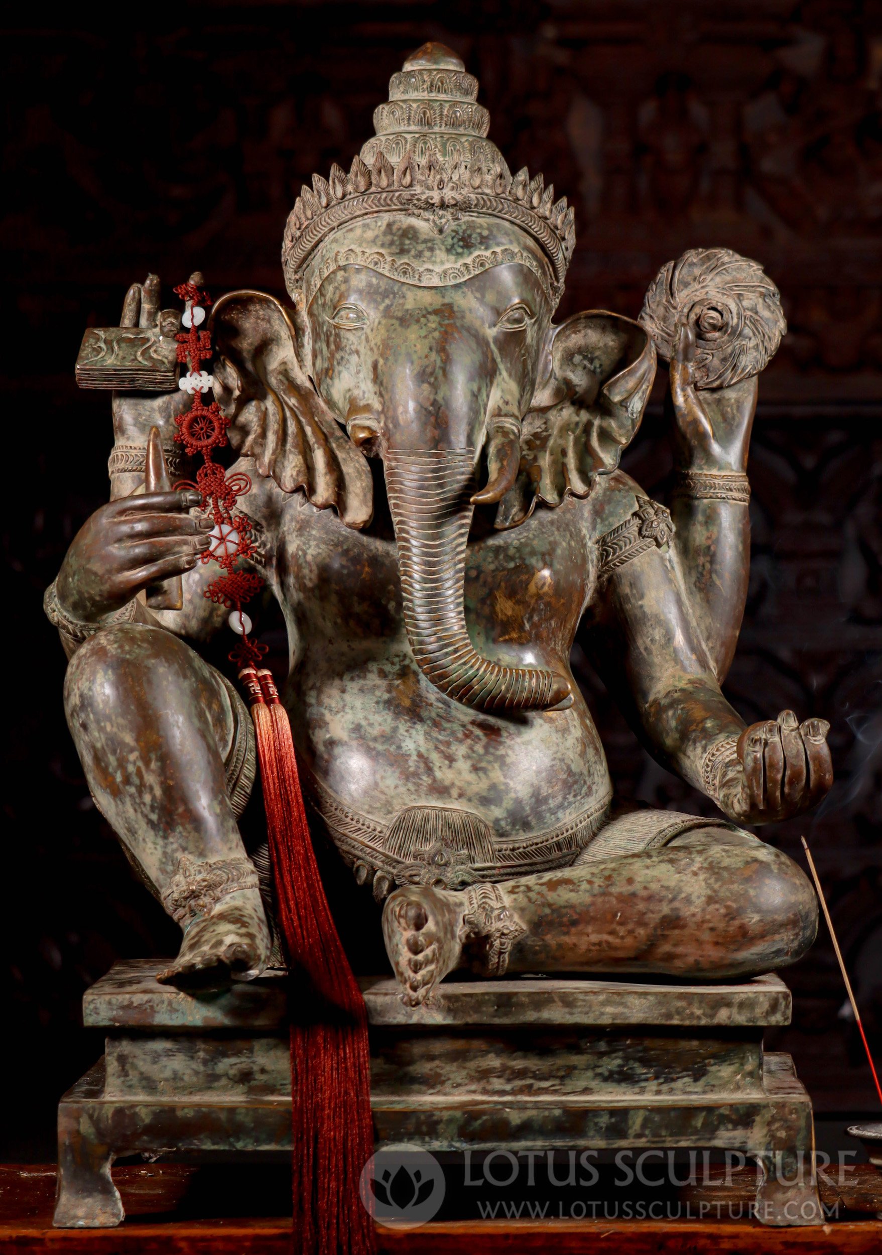 Large Brass Ganesh Holding Broken Tusk, Chakra, Vedas & Laddu with Antique Green Patina 32"