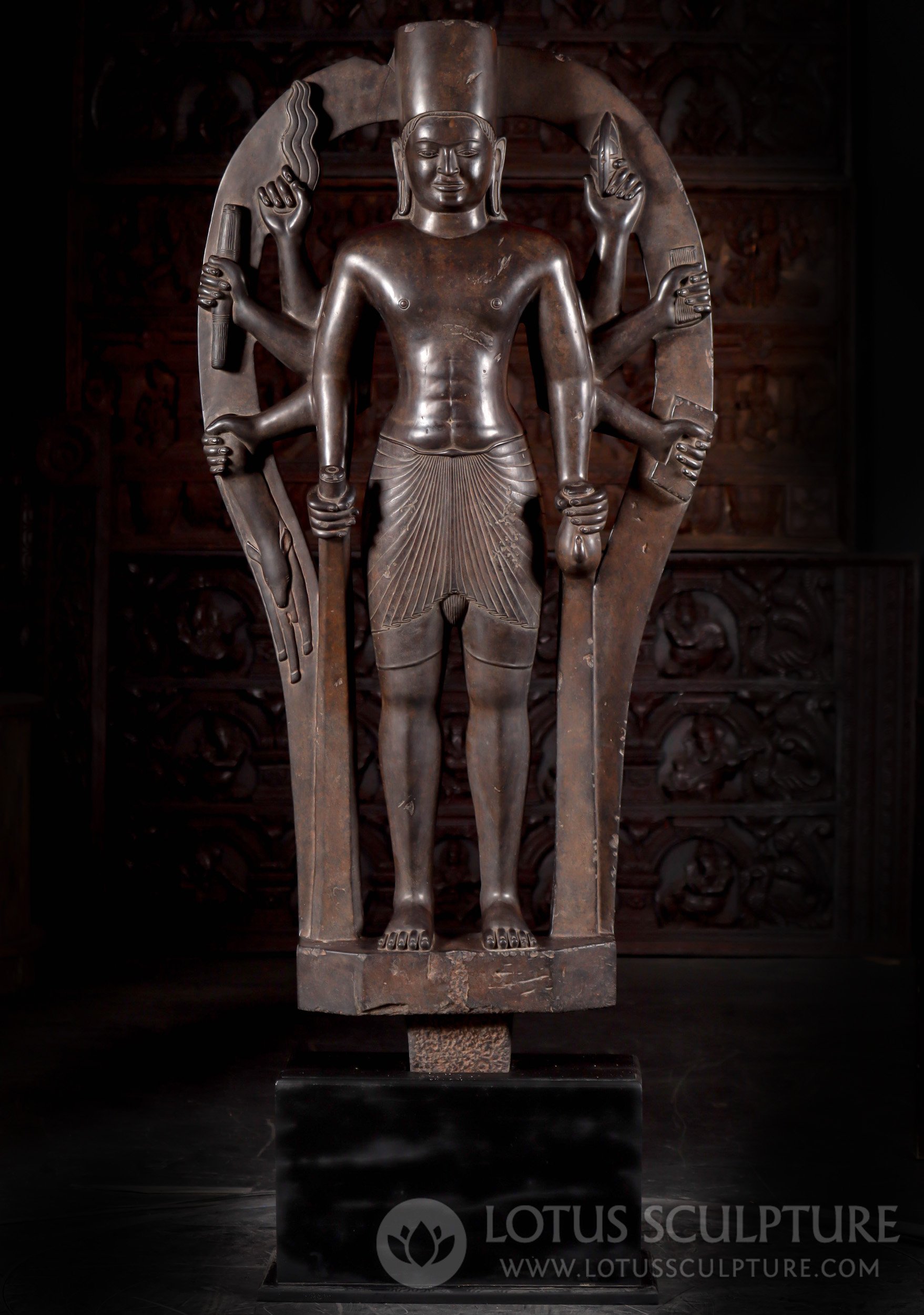 Masterpiece Cambodian Stone Vishnu Sculpture with Eight Arms on Black Wooden Base 67.5"