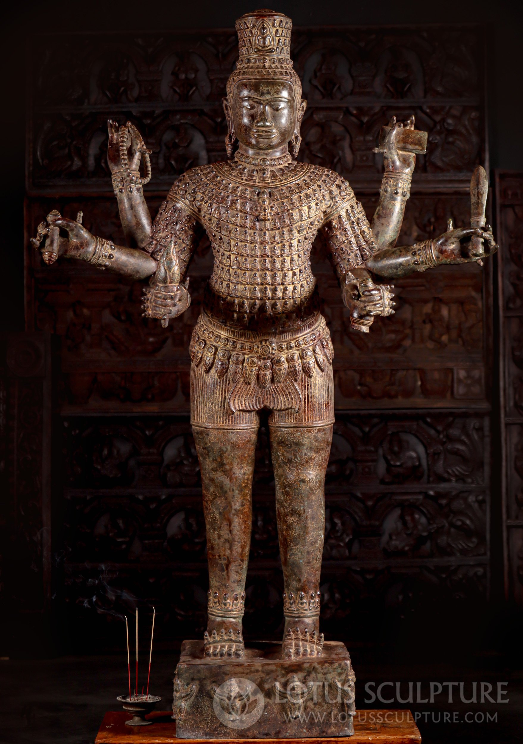 Cambodian Bronze Vishnu Statue With Garuda Base And Many Buddhas 