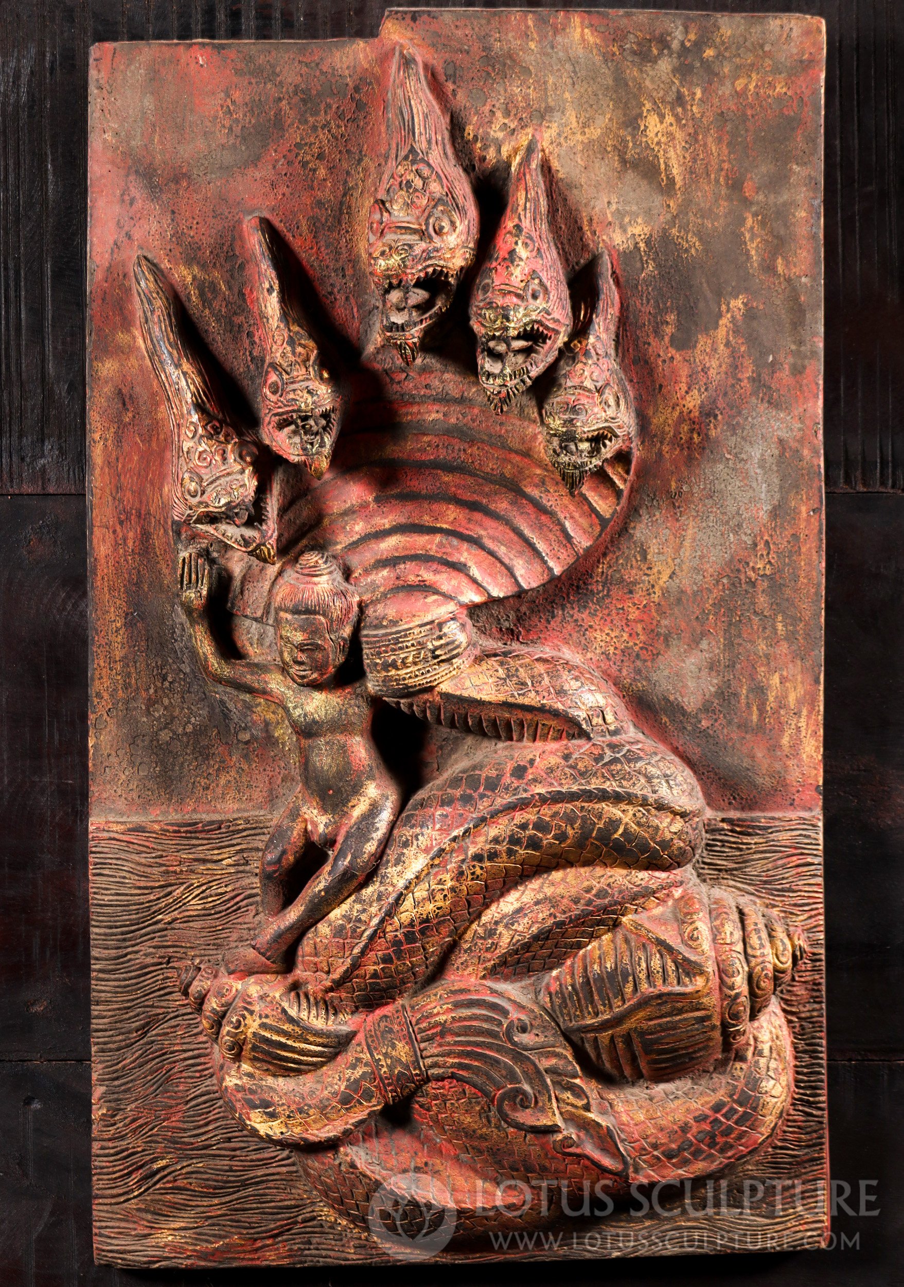 Hand-Carved Cambodian Wooden Panel of Newborn Buddha on Naga Serpent  24"