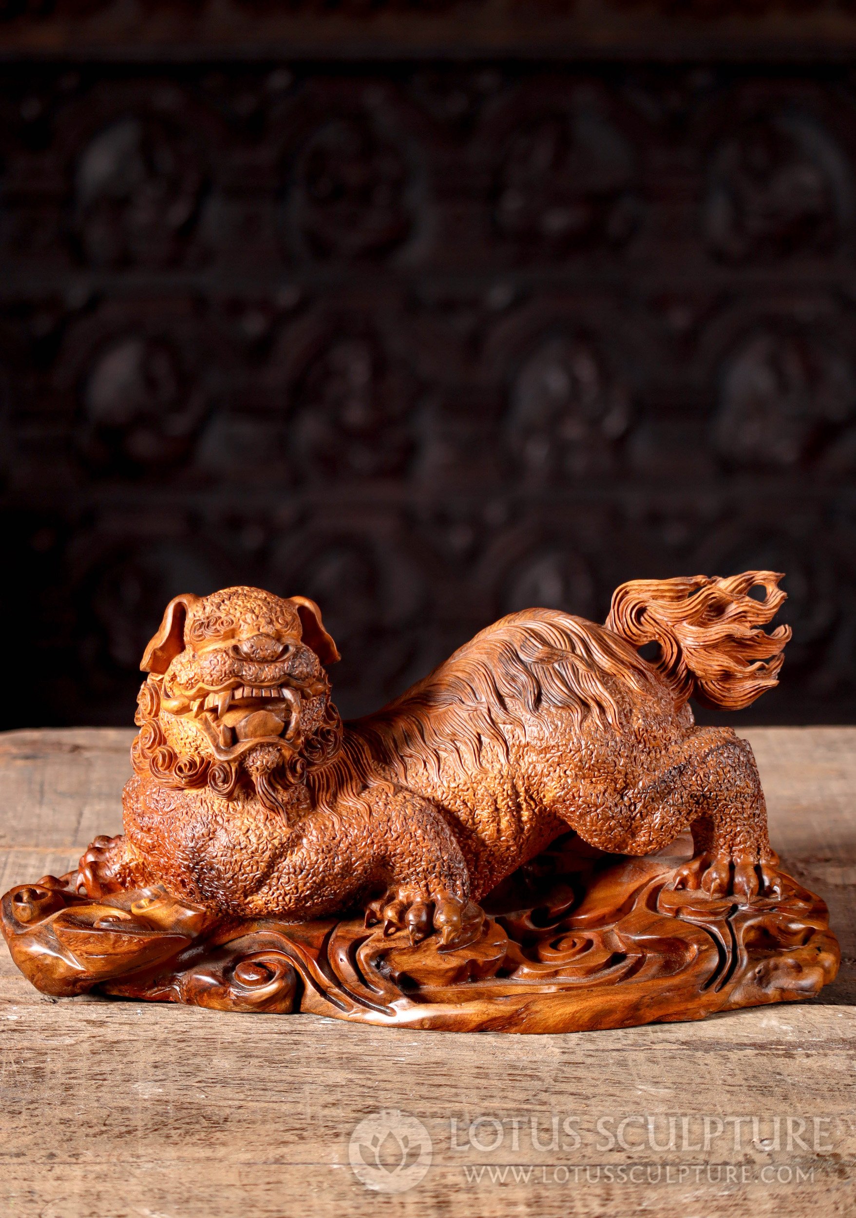 Realistic Wood Carved Foo Dog on Swirling Base with Meticulously Crafted Shaggy Fur 7.5"