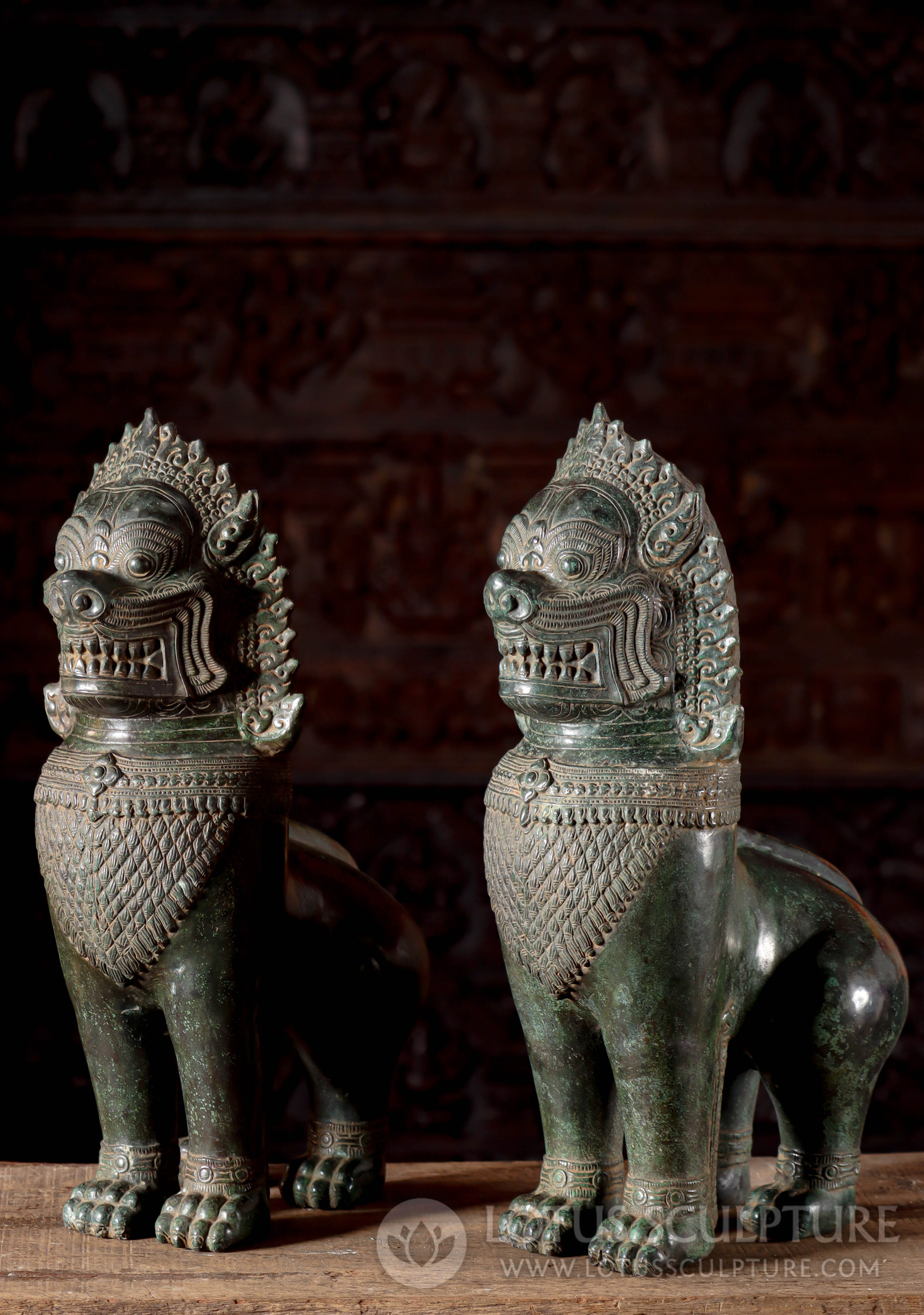 Pair of Cambodian Bronze Foo Dogs, Majestic Guardians in Antique Green Patina 22"