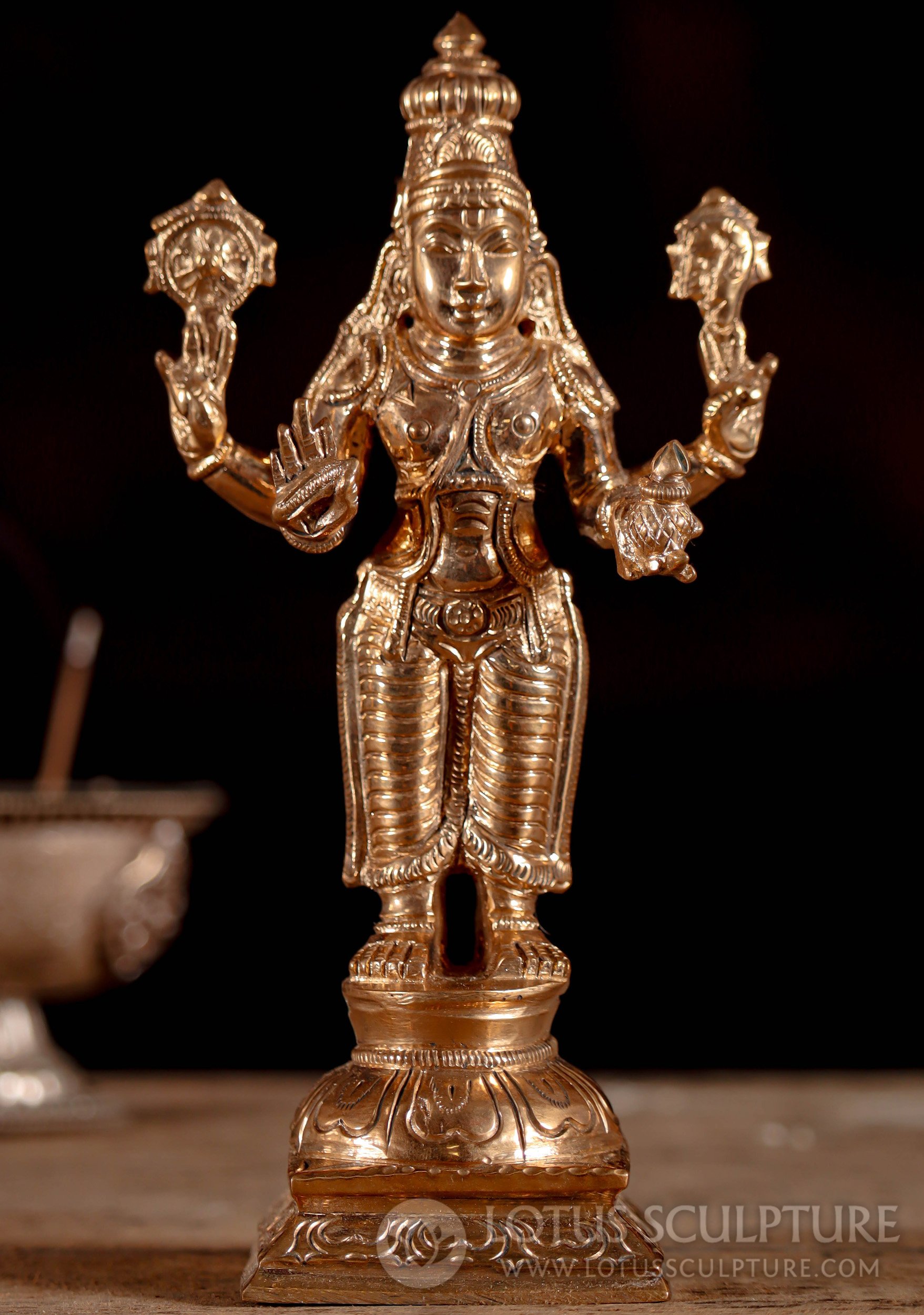 Polished South Bronze Dhanvantari Statue with Conch, Discus, and Amrita Pot 6.5"