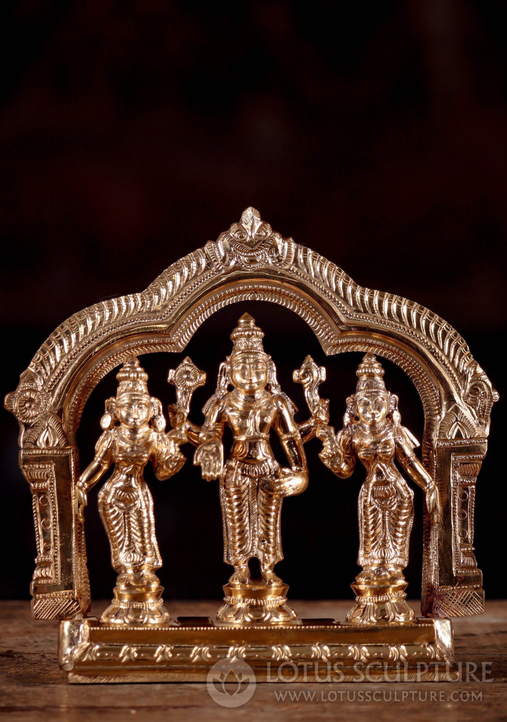 Polished Bronze Vishnu Statue in Varada Pose with Shreedevi and Bhudevi, Mahakala Arch 7"