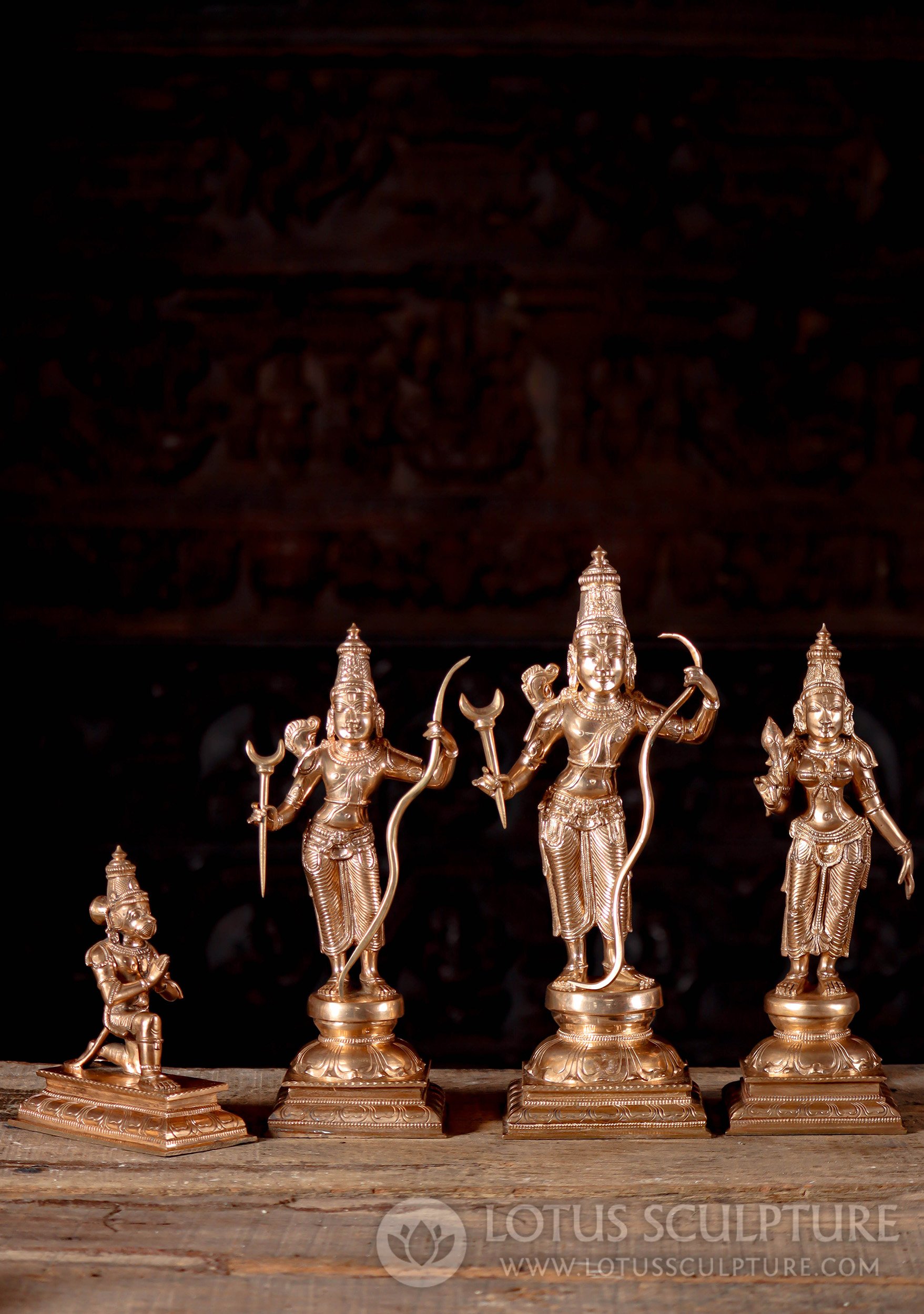 Polished Indian Bronze Ramayana Set: Rama, Lakshmana, Sita, Hanuman with Weapons 14"