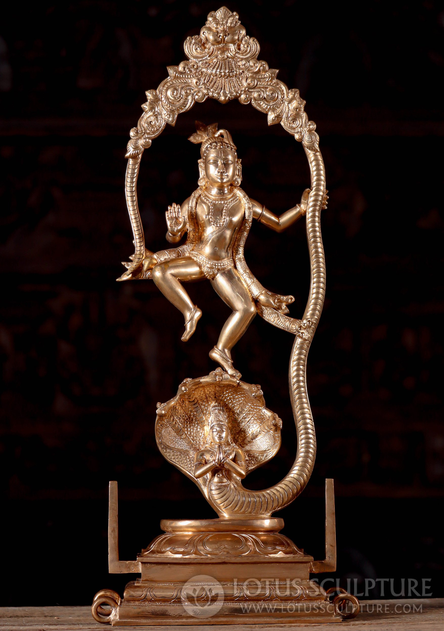 Polished Bronze Patina South Indian Kaliya Krishna Dancing on 5-Headed Serpent 25.5"