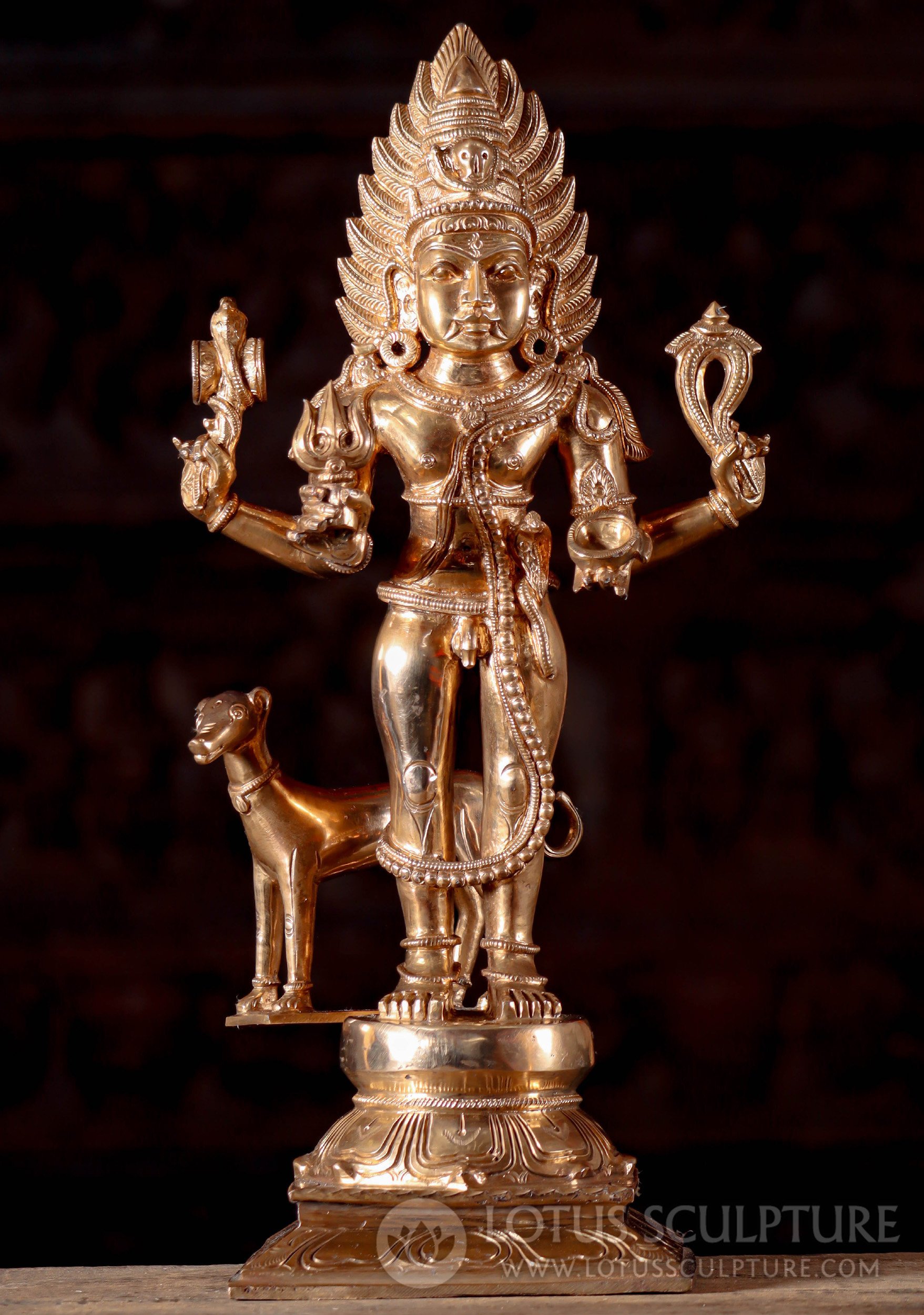 Indian Bronze Bhairava Statue, Shiva's Fierce Form, with Removable Trident 19"