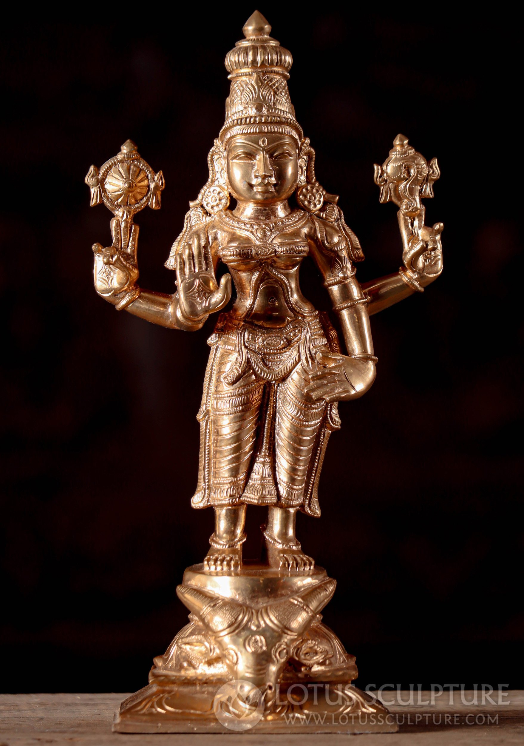 Polished Bronze Vishnu Durgai Statue, Narayani Form with Conch and Discus, Abhaya Mudra 13"