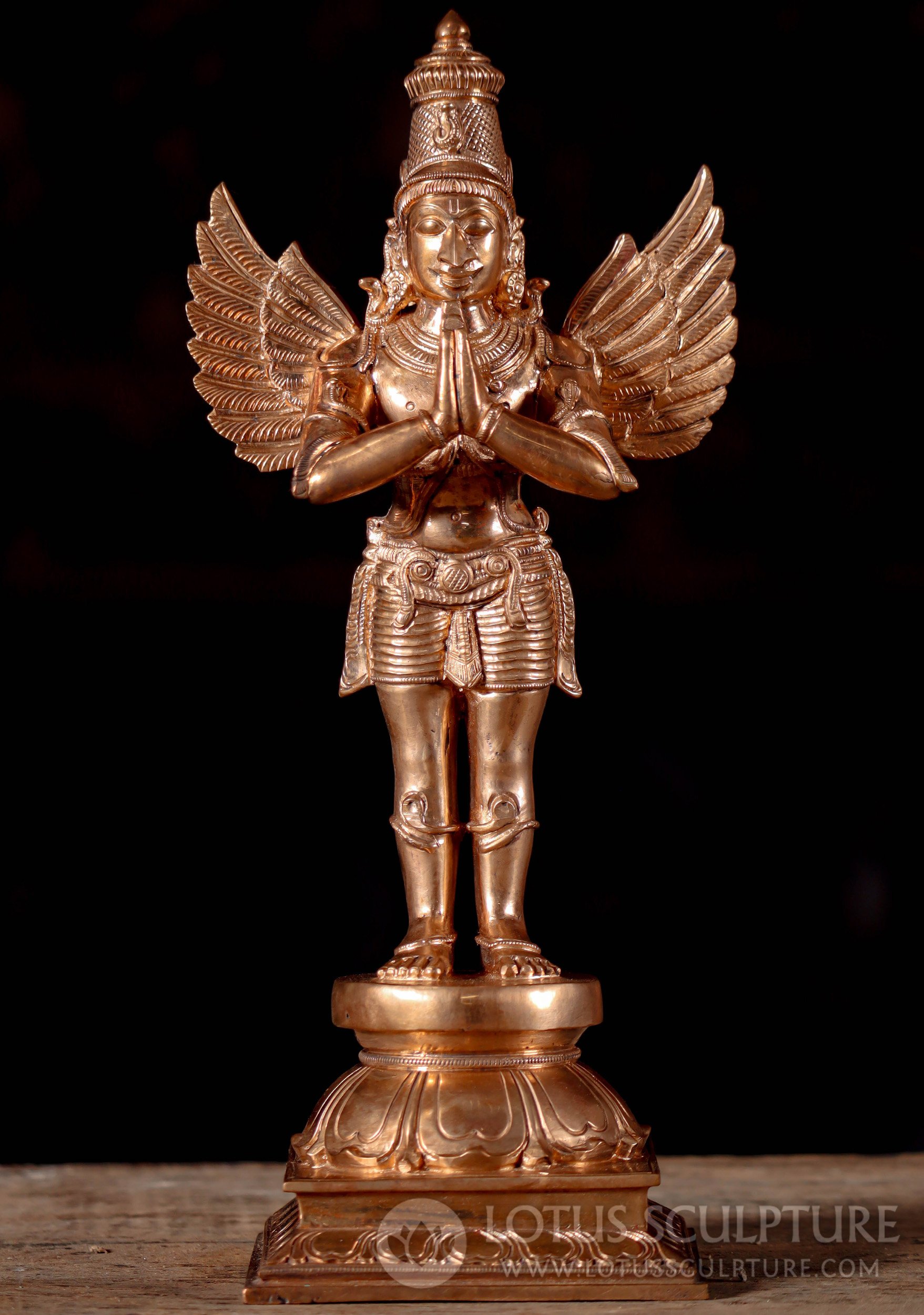 Bronze Garuda Statue, Eagle King, Anjali Mudra Pose on Lotus Base with Outstretched Wings 12.5"