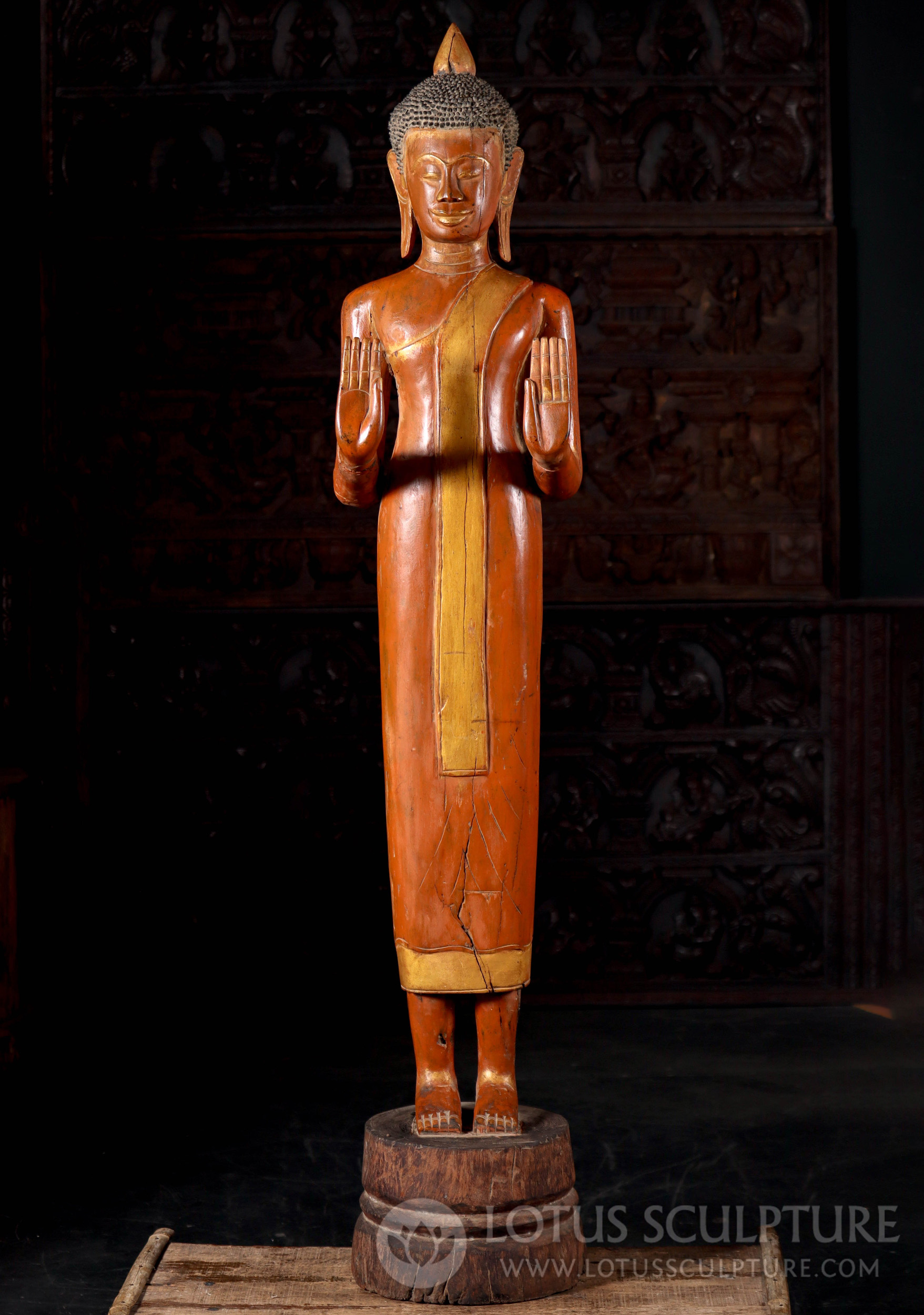 Wood Buddha Carved from Antique Reclaimed Teak Wood in Cambodia Double Abhaya Mudra 67"