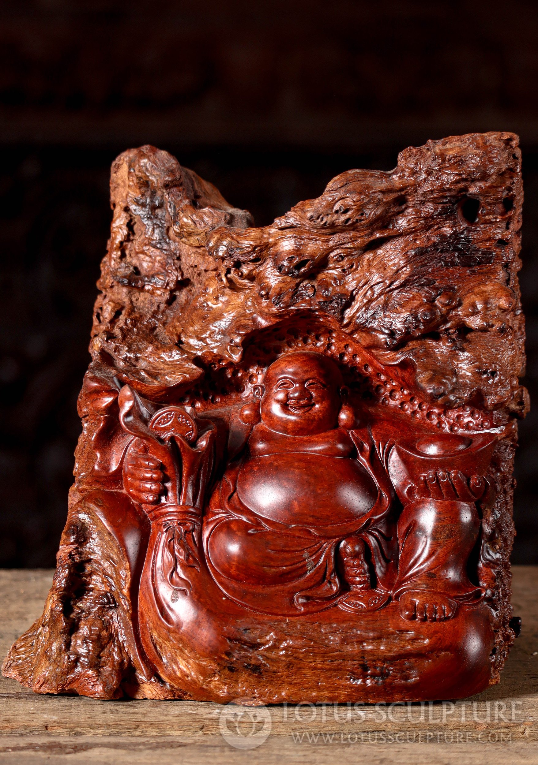 Vietnamese Wood Fat & Happy Buddha of Wealth in Deep Red Hue with Gold Coins & Ingot 11"