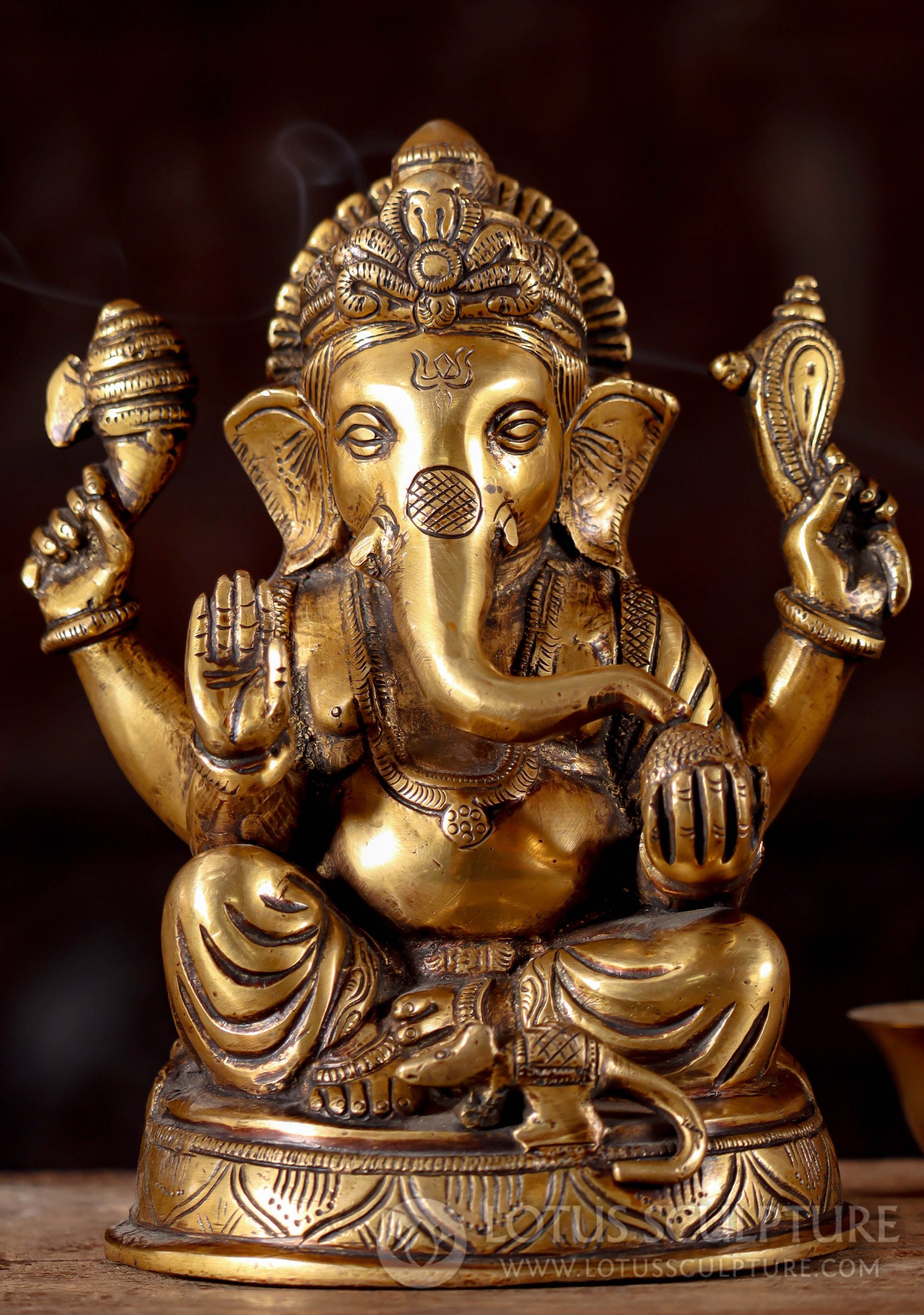 Indian Brass Ganesha Statue with Abhaya Mudra, Lotus Base, Holding Axe and Sweets 8"