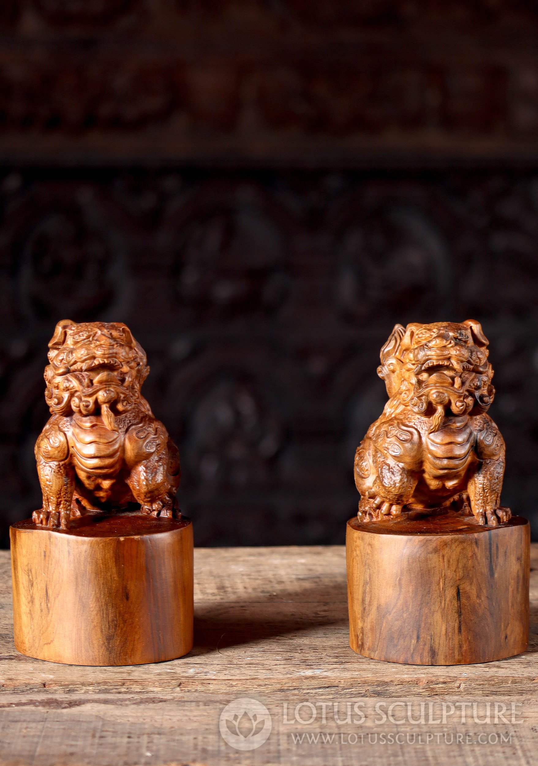 Hand-Carved Foo Dog Pair on Pillars, Rich Wooden Textures, Lifelike Features 8"