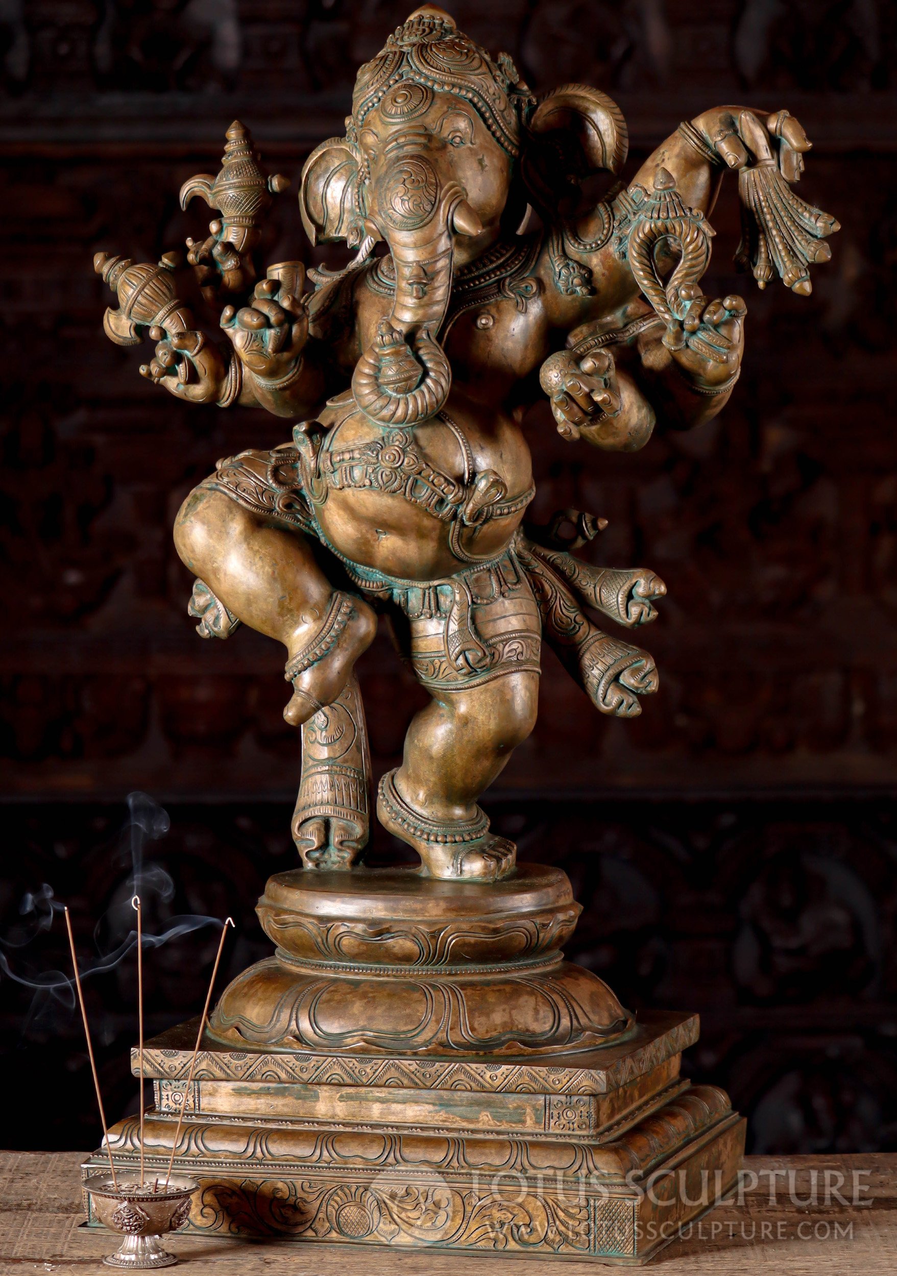 Bronze Dancing Ganesh Statue with Six Arms, Double Lotus Base, Rich Patina Detailing 30"