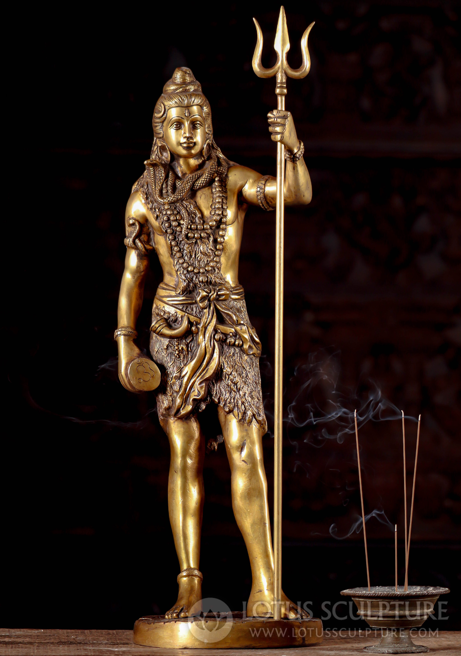 Brass Standing Shiva Statue Holding Large Trident& Drum with Cobra Around  His Neck 26 (#160bs112z): Hindu Gods & Buddha Statues