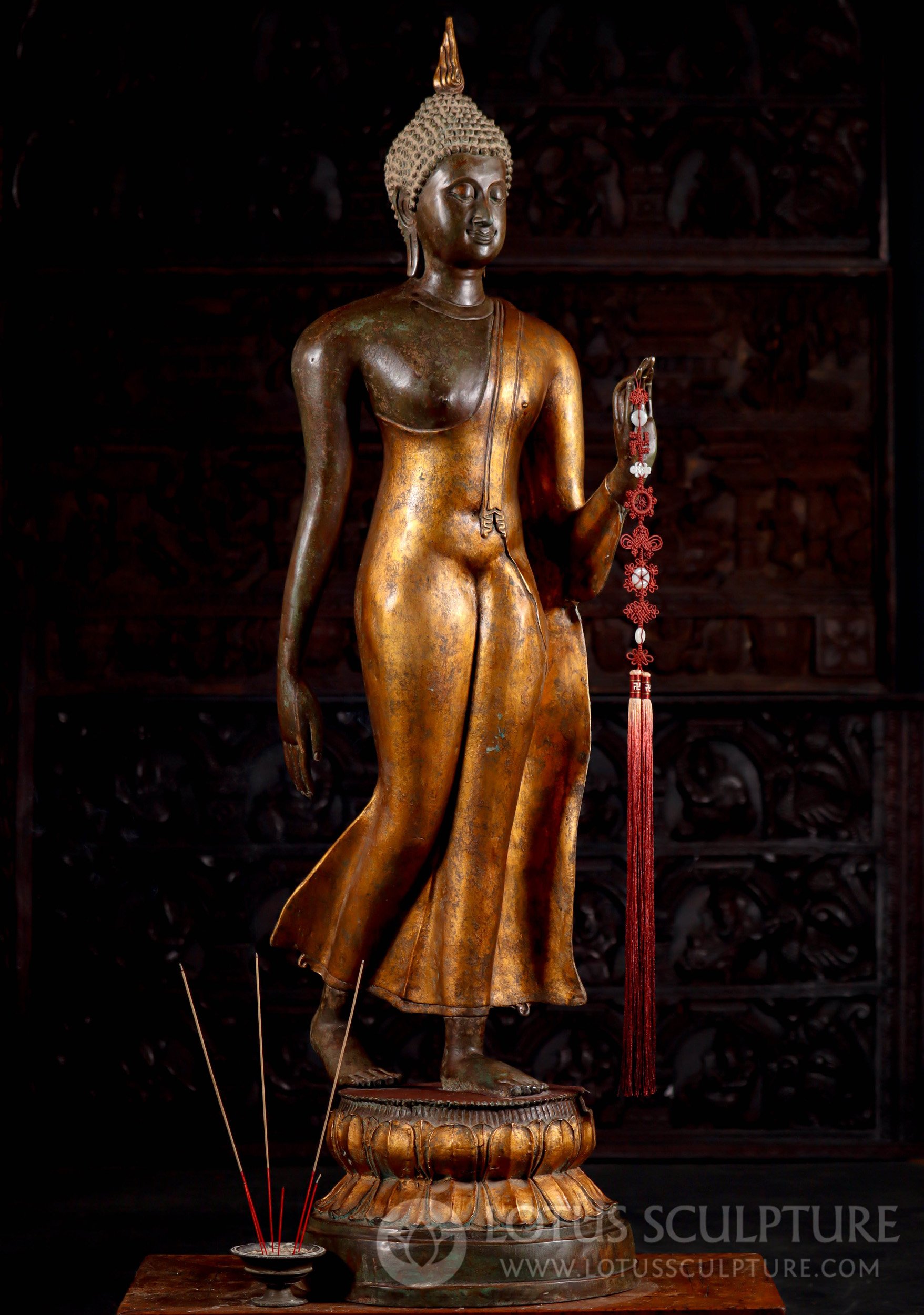 Tall Thai Brass Buddha Statue in Walking Pose, Vitarka Mudra, Copper Patina with Gold Robes 57"