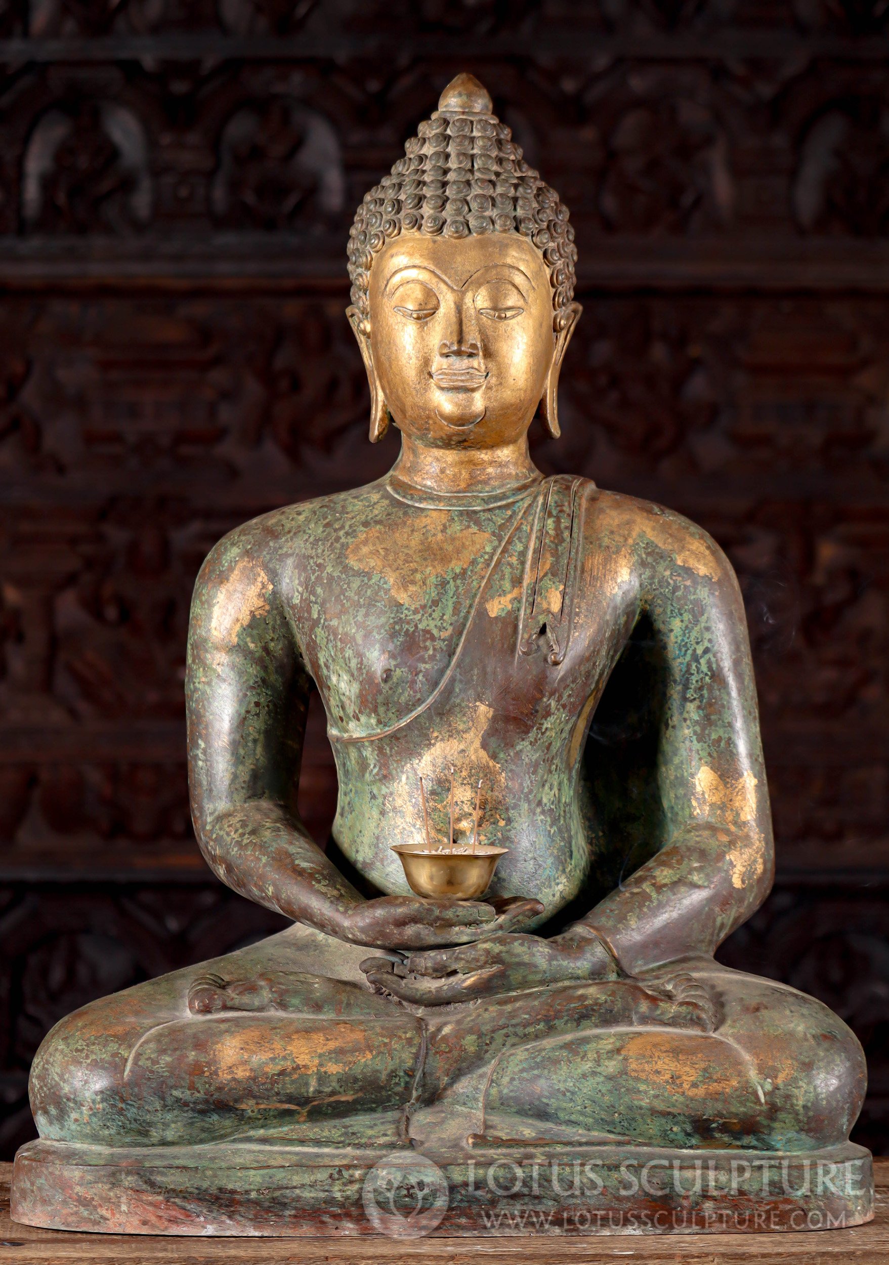 Thai Brass Buddha Statue, Meditating Chiang Saen Style Gold Flake Antique Patina 29"