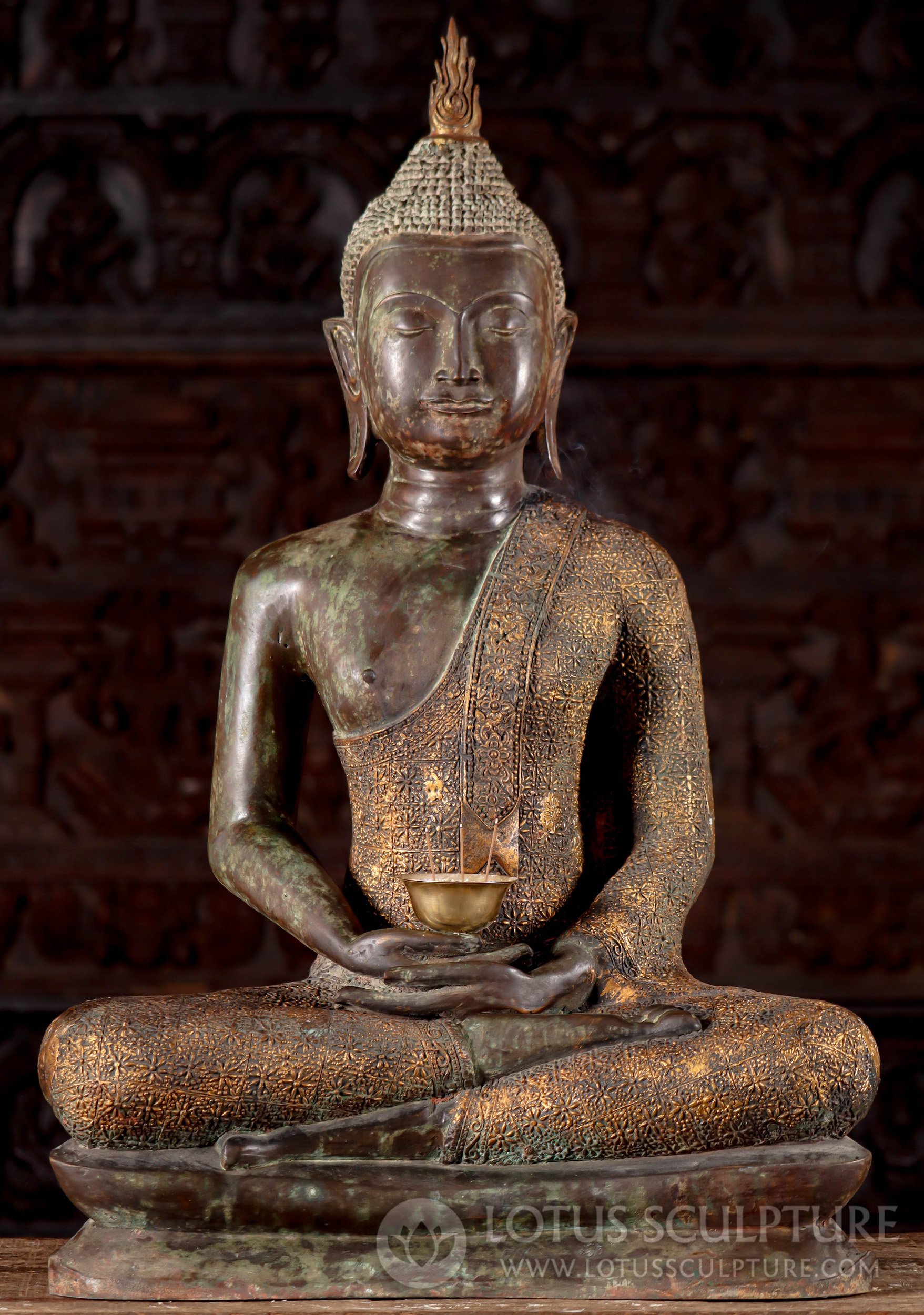 Thai Brass Buddha Statue, Golden Brocade Robes, Dhyana Mudra, Antique Green Patina 31"