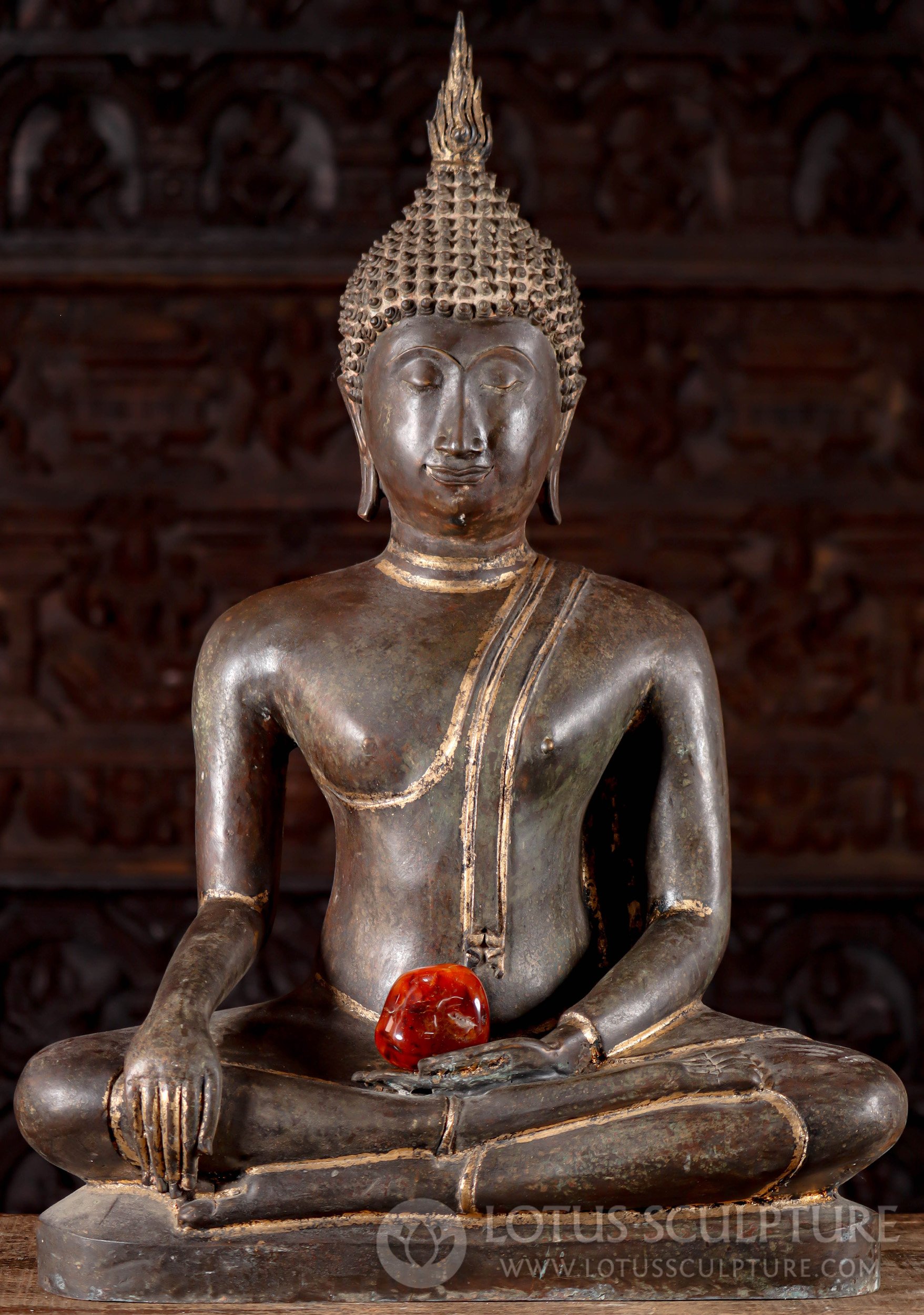 Brass Sukhothai Style Buddha Statue with Antique Patina with Gold Accents 29"