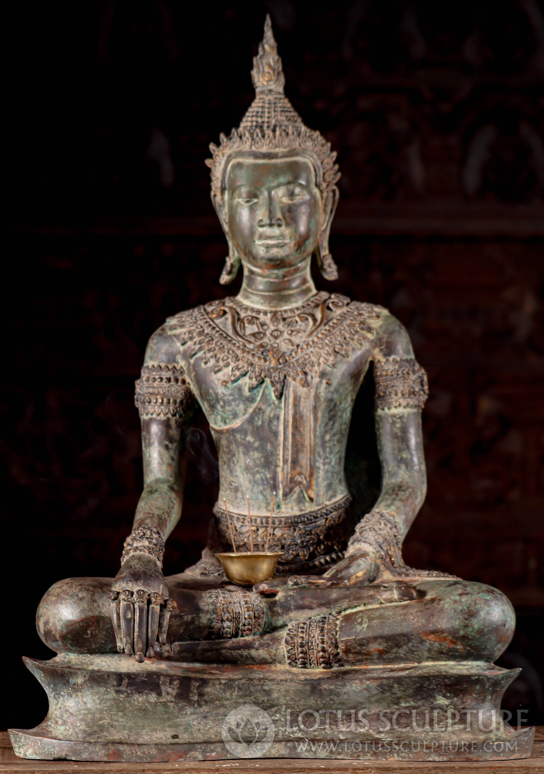 Brass Uttong Buddha Statue in Earth Touching, Antique Green Patina, Elaborate Jewelry 31"