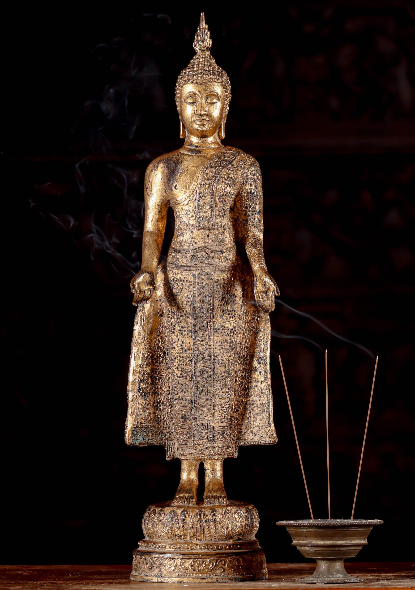 Thai Buddha Statue Standing on Lotus Base Wearing Brocade Robes with Antique Gold Leaf 24"