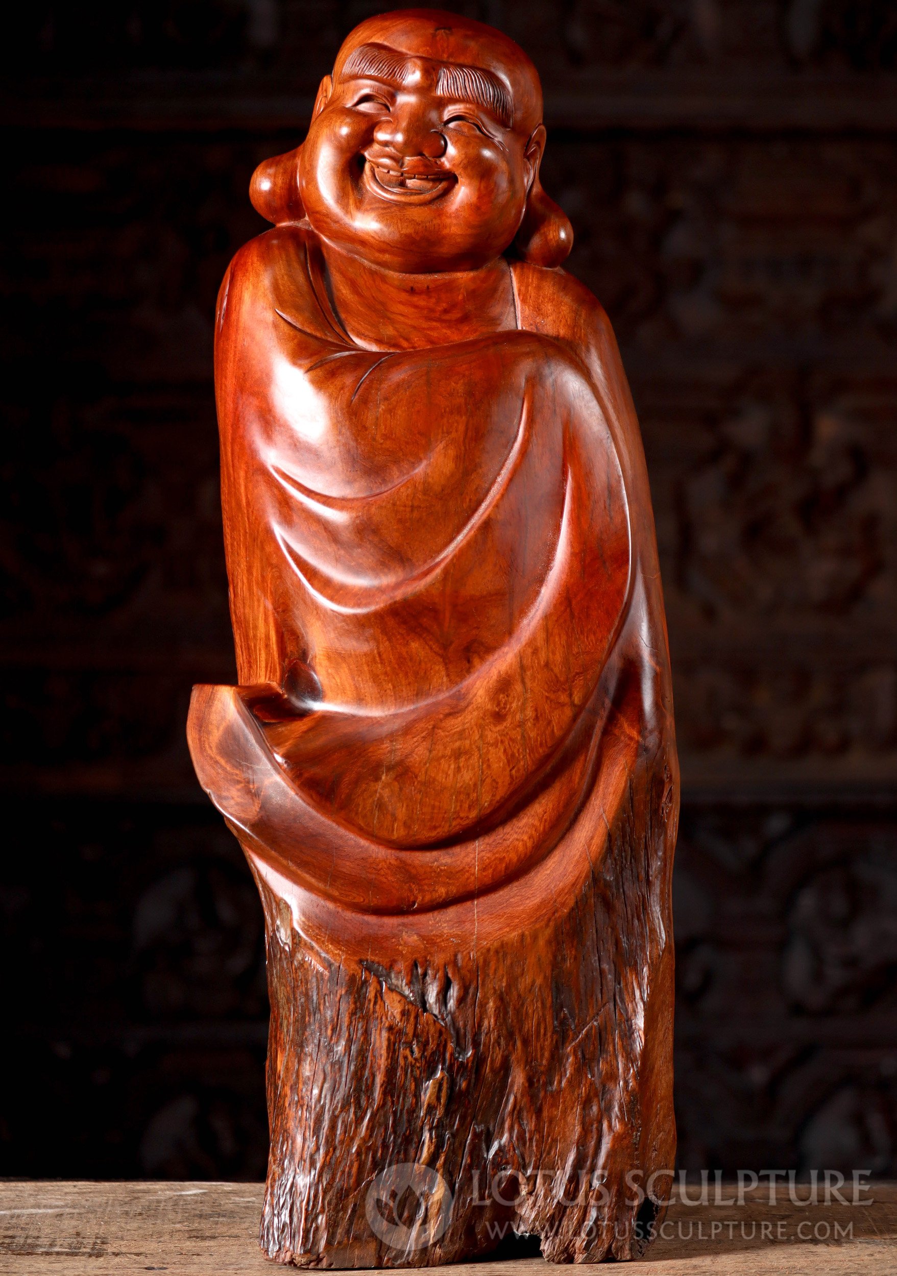 Vietnamese Wood Carving of Standing Hotei Buddha, Clasped Hands, Natural Edge Base 26"